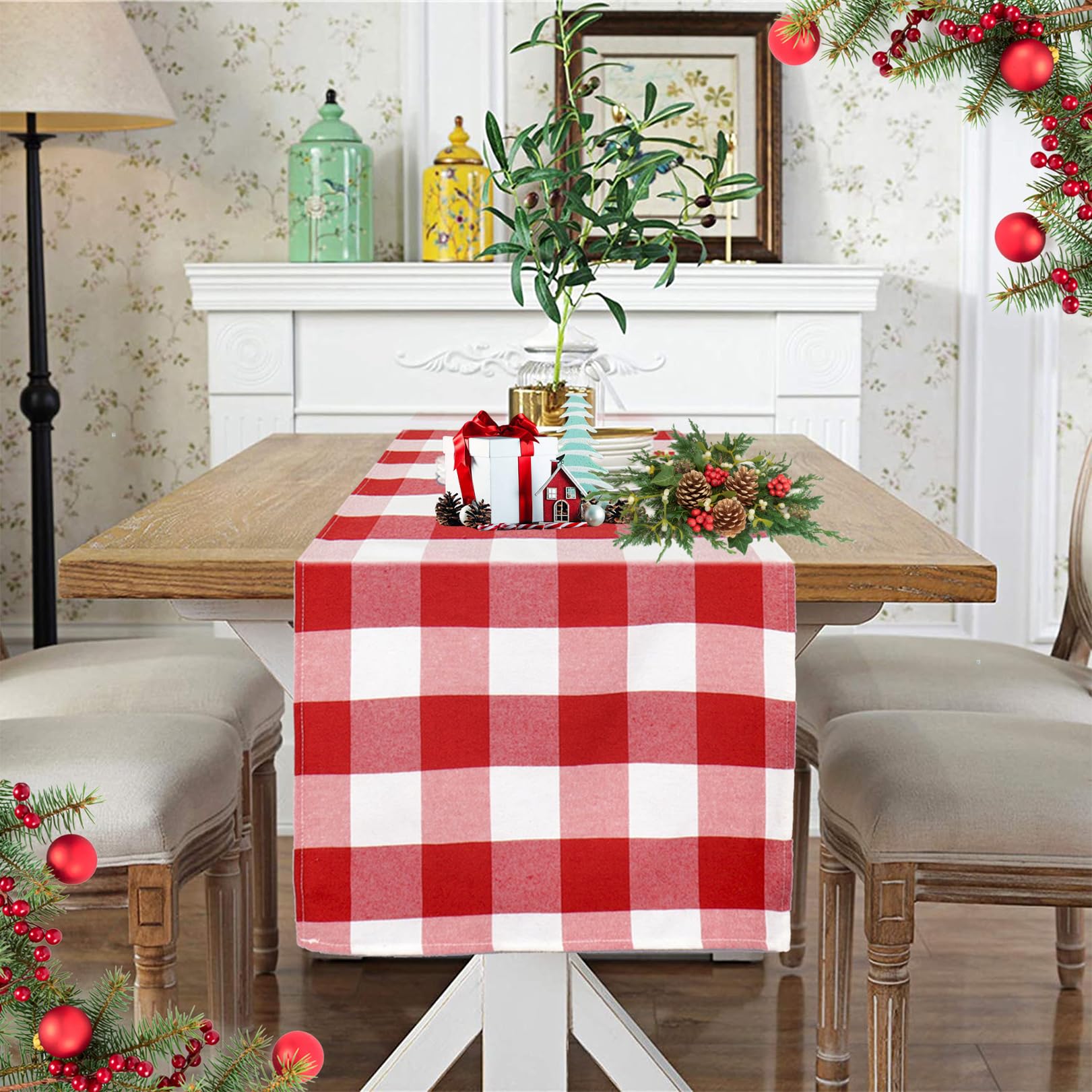 Duobao Red And White Buffalo Plaid Table Runner 14X72-Inch Home Fashions Farmhouse Decor Buffalo Check Runners For Kitchen Table