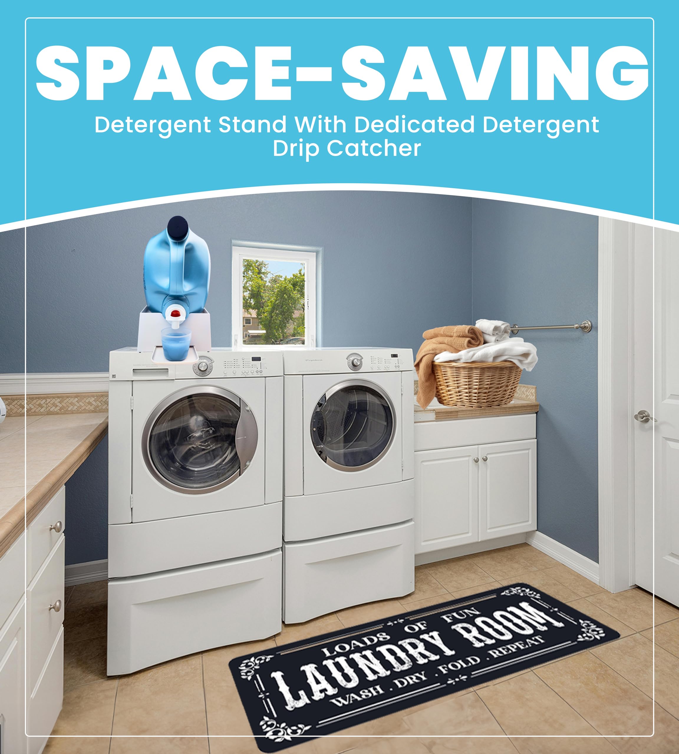 Skywin Laundry Detergent Holder With Laundry Room Rug Runner - Laundry Detergent Cup Holder With Drip Tray And Laundry Rugs For