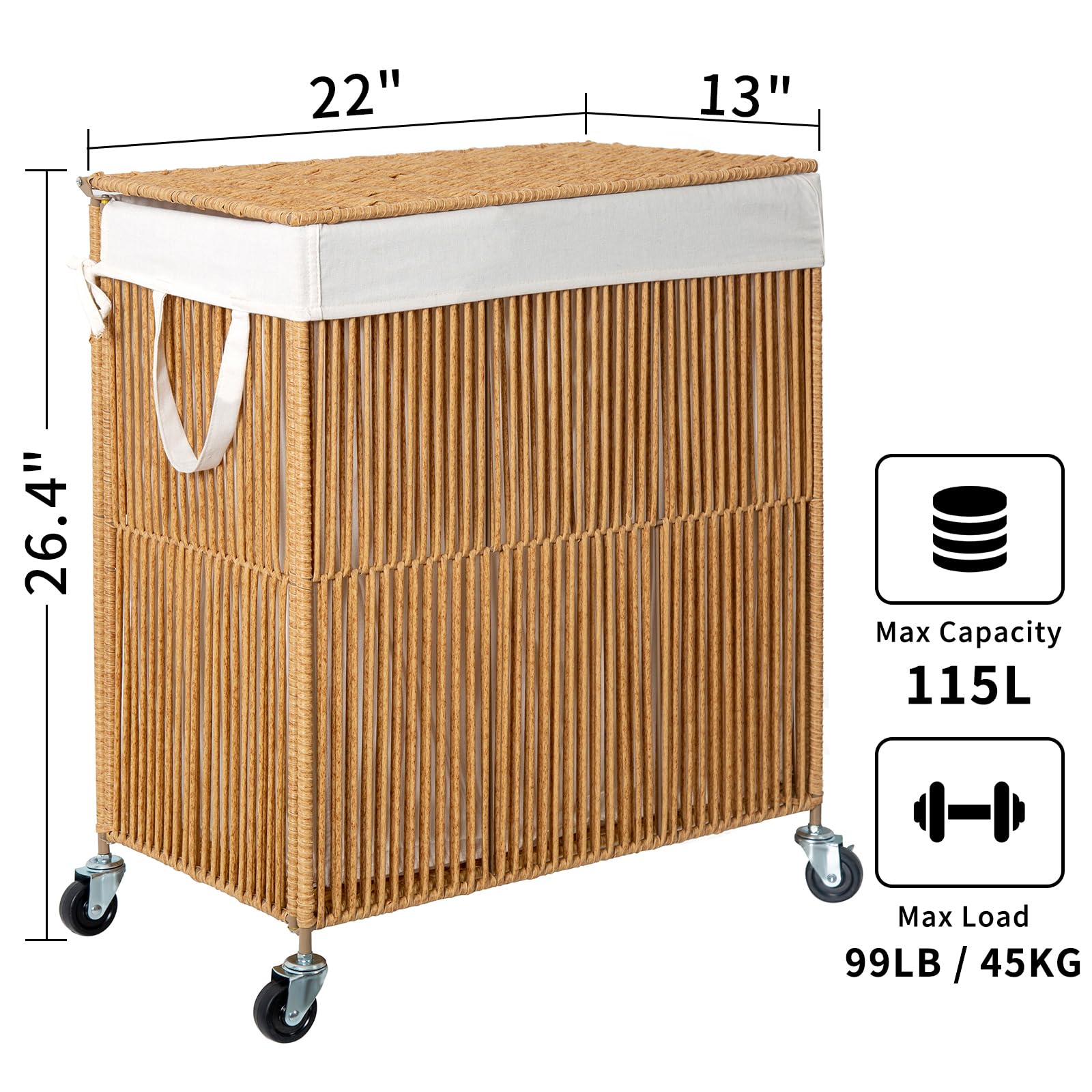 Wowlive Laundry Hamper With Wheels, Handwoven Rolling Laundry Basket With Lid, Clothes Hamper With Divided Removable Liner Bag,