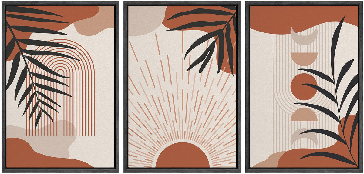 Idea4Wall Framed Canvas Print Wall Art Set Jungle Palm Leaf Mid-Century Collage Abstract Shapes Illustration Modern Art Decorati