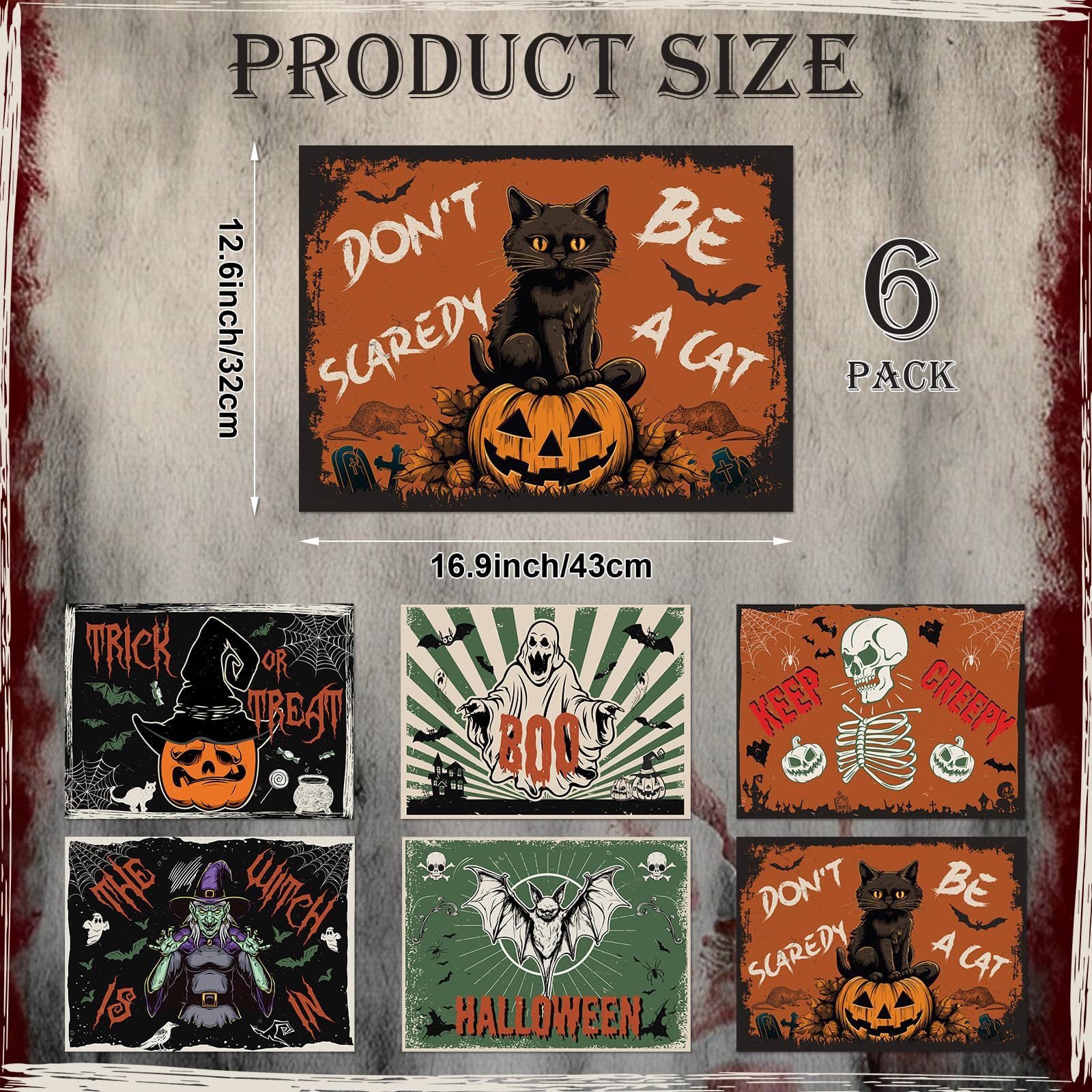Halloween Placemats Set Of 6 Vintage Plastic Table Mats Black Cat Place Mats Washable Ghost Witch Bat Rectangle Skull Table Deco
