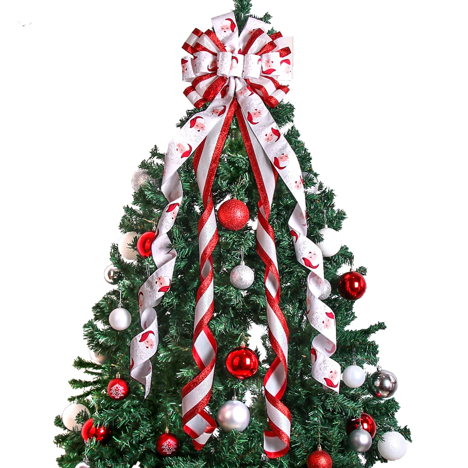 Christmas Tree Topper Christmas Wreath Bow, 52 * 13 inches Tree Toppers Bow withSanta Claus Patterned Ribbon for Xmas Tree Chris