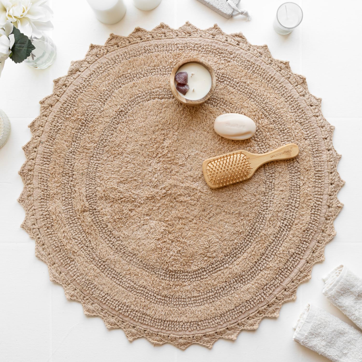 RAJRANG BRINGING RAJASTHAN TO YOU Circle Bathroom Mat for Kitchen and Spa with Crochet Pattern Cotton Absorbent Soft Reversible Woven Bath Rug Sand Round 24 Inches