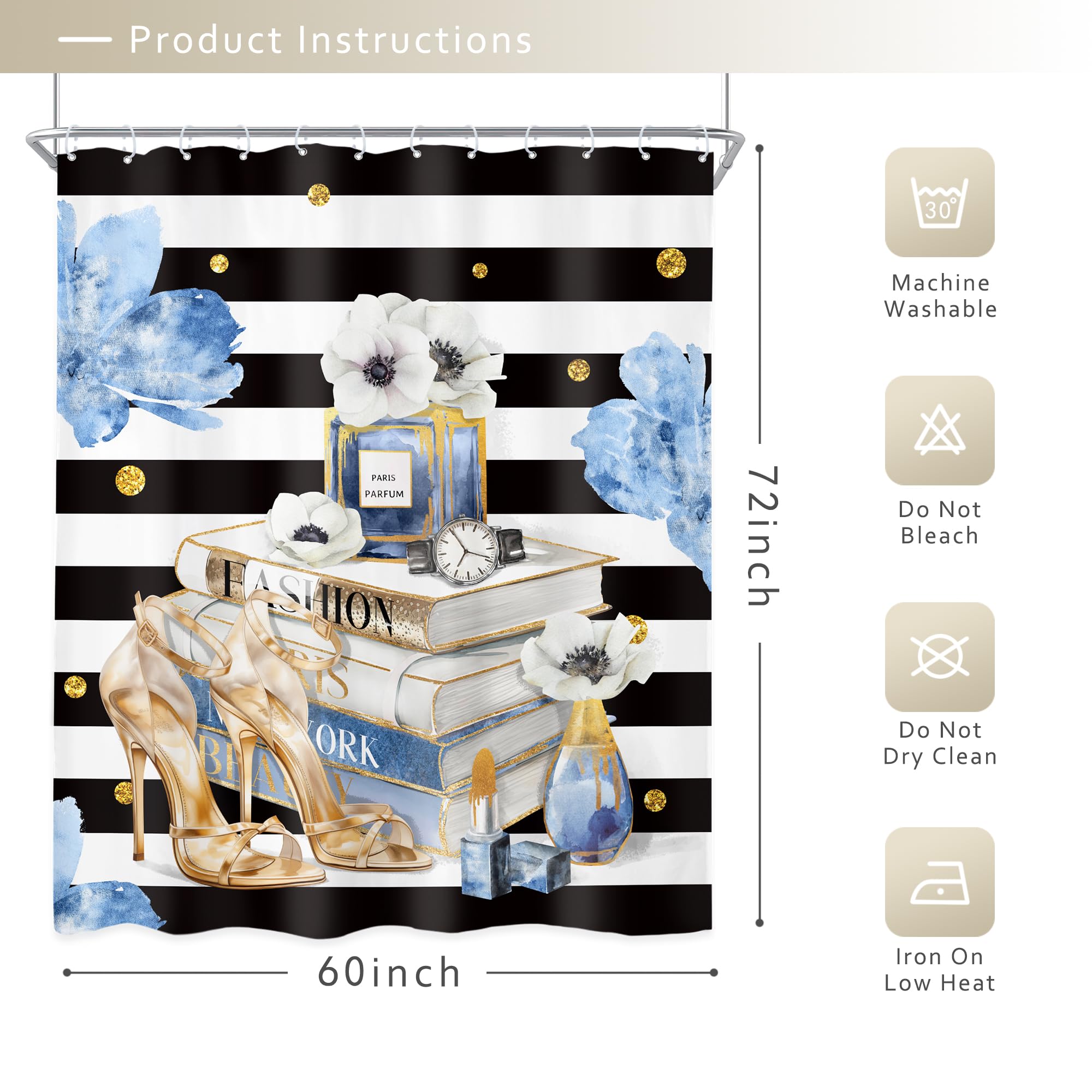 Riyidecor Fashion Shower Curtain 60Wx72H Inch Black White Stripes Blue Gold Floral Modern Magazine Book Perfume High Heels Girls