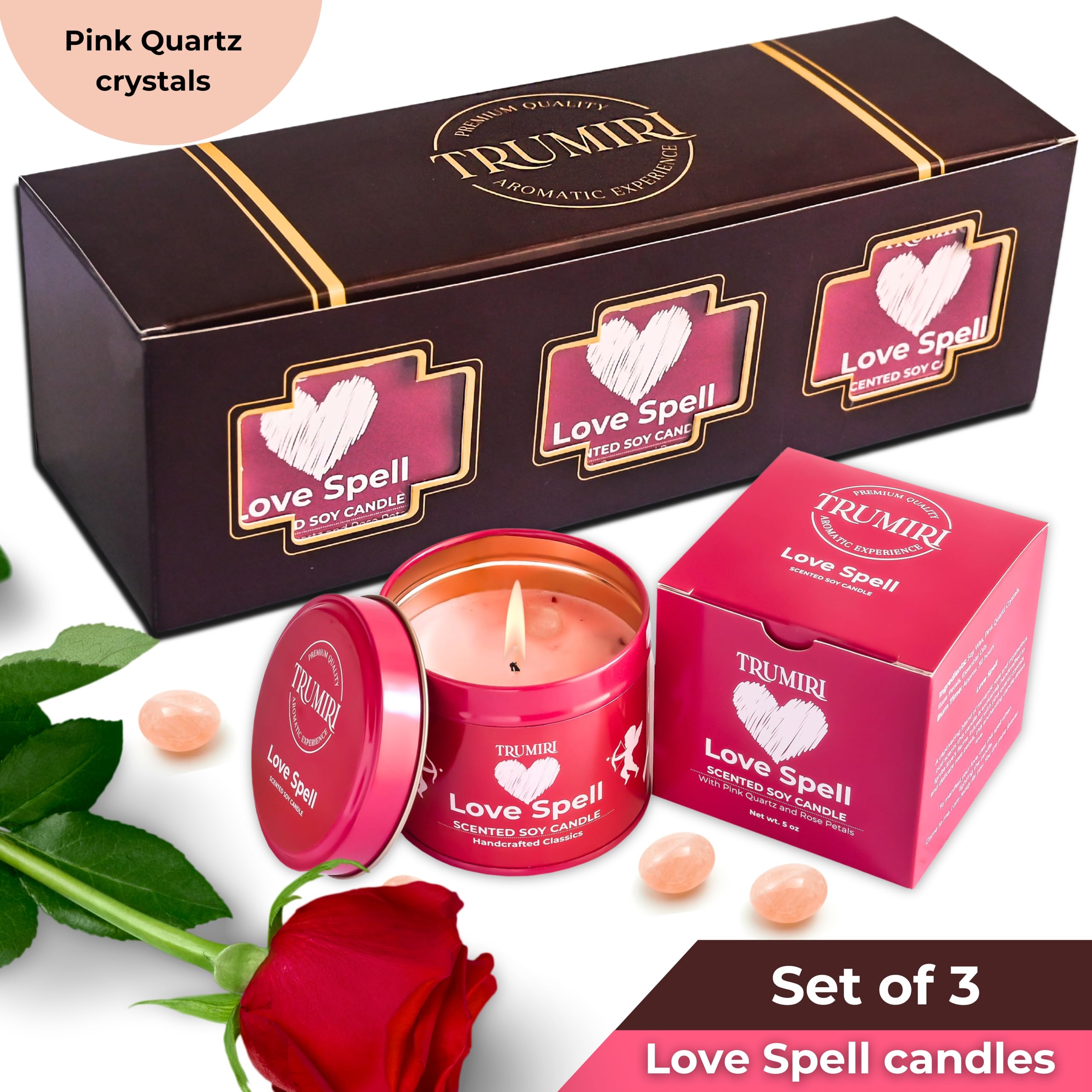 Love Spell - Scented Candles for Women & Men with Rose Petals and Crystals - Pack of 3 x 5oz Soy Clean Organic Non Toxic - Velas