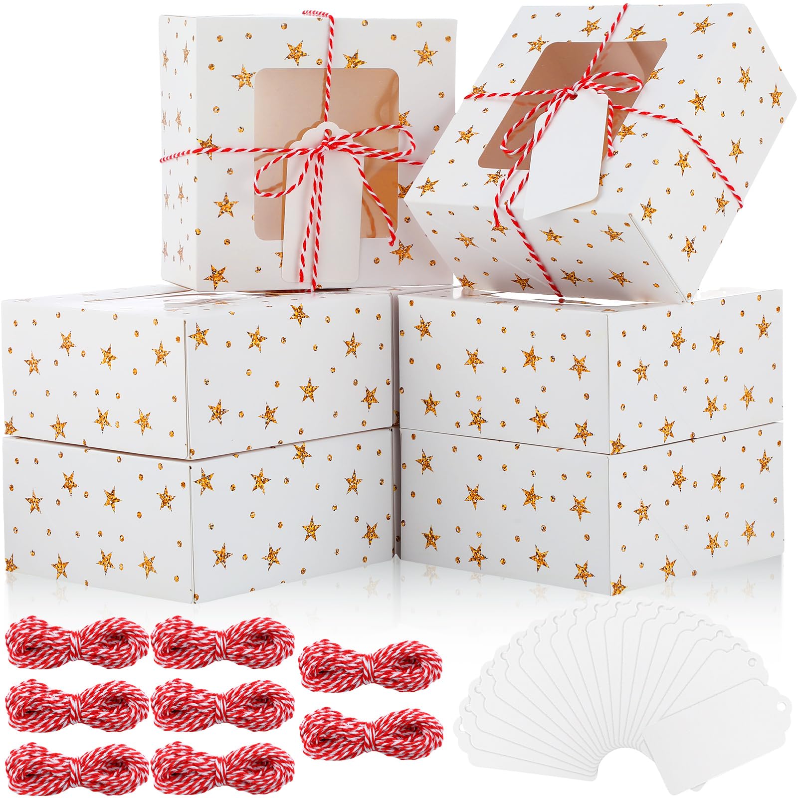 Nitial 60 Pcs Christmas Cookie Boxes with Window White 6 x 6 x 3 Inch Gold Star Bakery Boxes Treat Box Packaging Pastry Donut Bo