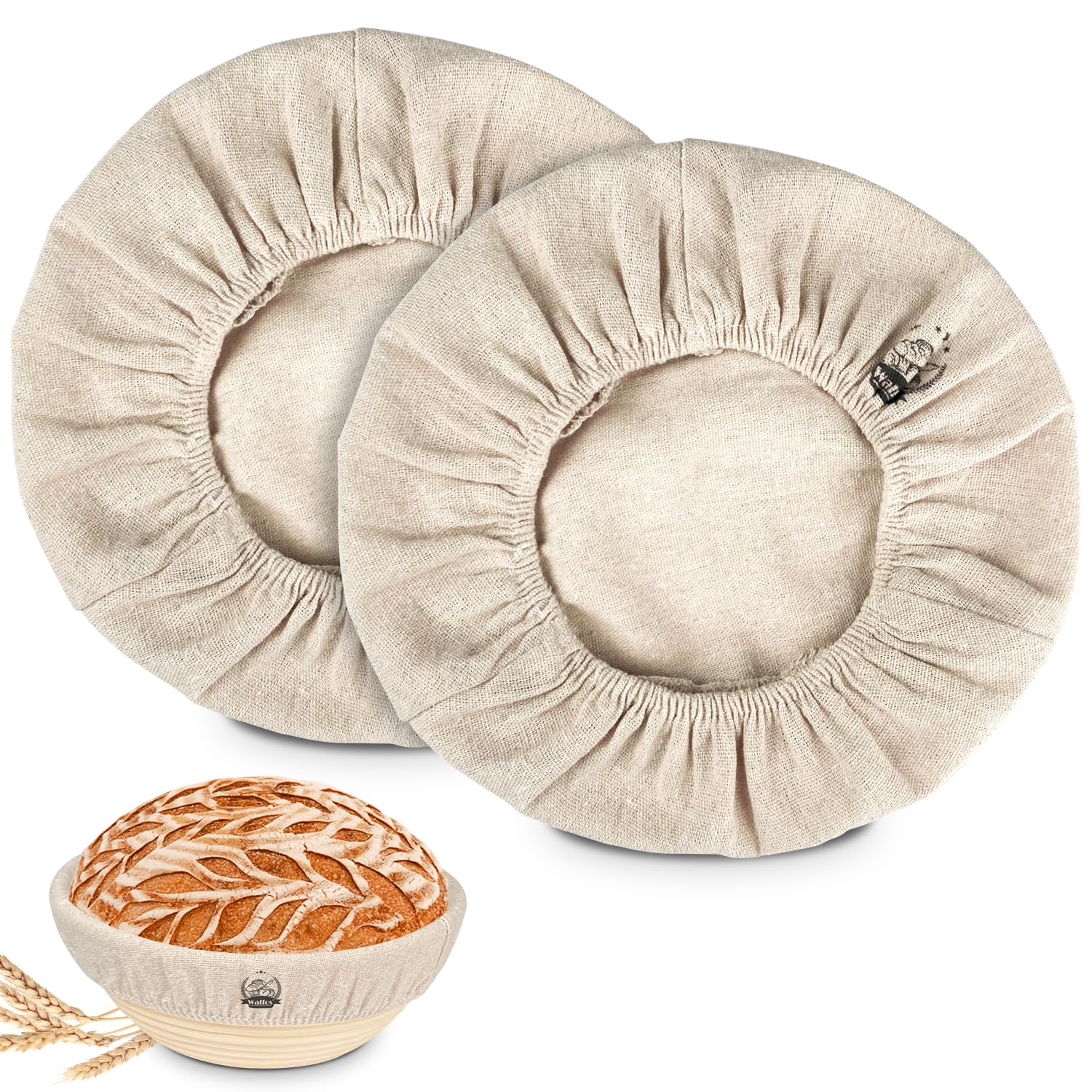 WALFOS Bread Basket Liner Cloth, 2 Packs 10 inch round bread proofing basket cloth liner, Baking Dough Basket Cover Natural Ratt