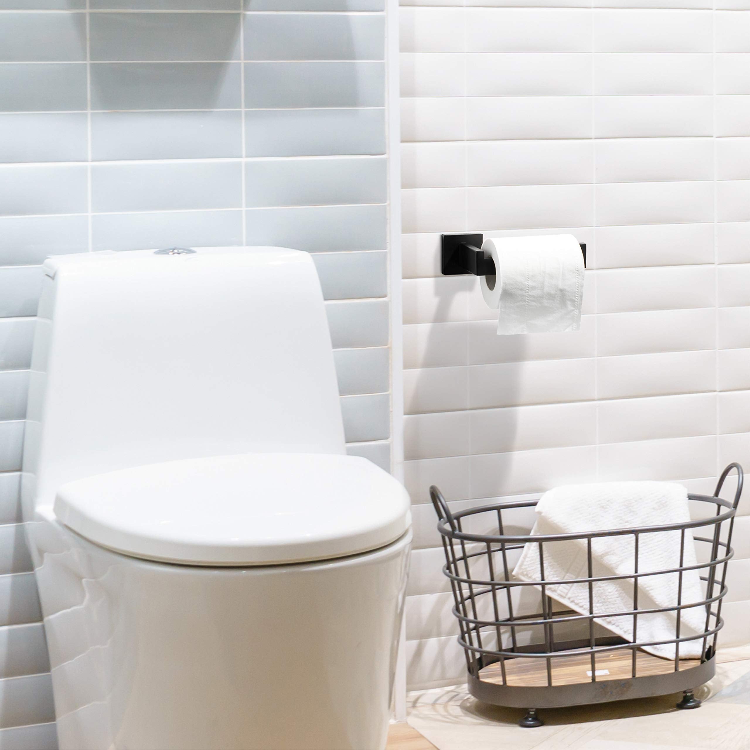 HITSLAM Matte Black Toilet Paper Holder Wall Mount Premium 304 Stainless Steel Square Toilet Paper Roll Holder for Bathroom Rustproof