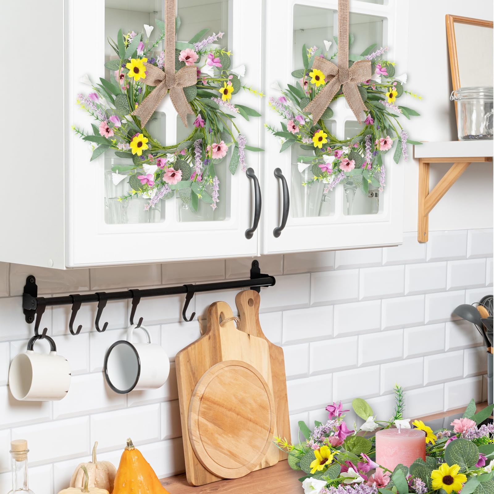 12 Pcs Spring Summer Artificial Flowered Wreath Mini Floral Wedding Candle Rings Wreaths Pillar Candle Holder for Wedding Spring