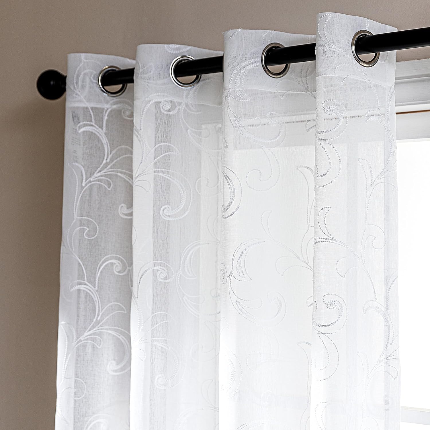 White Leaf Lightweight Washable Sheer Curtains for Living Room & Bedroom