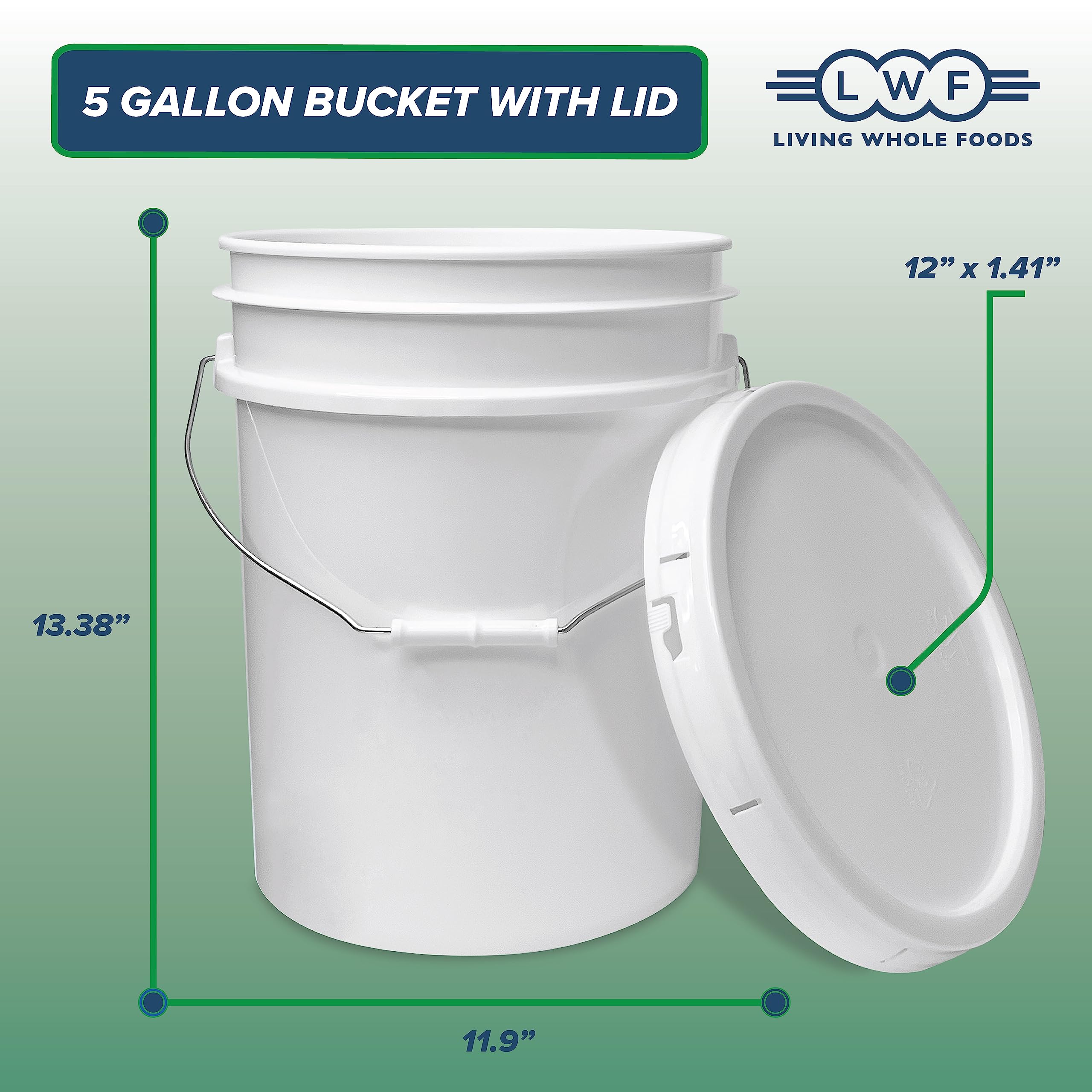 Living Whole Foods, 5 Gallon White Bucket & Lid - Durable 90 Mil All Purpose Pail - Food Grade - Bpa Free Plastic (5 Gal. W/Lids