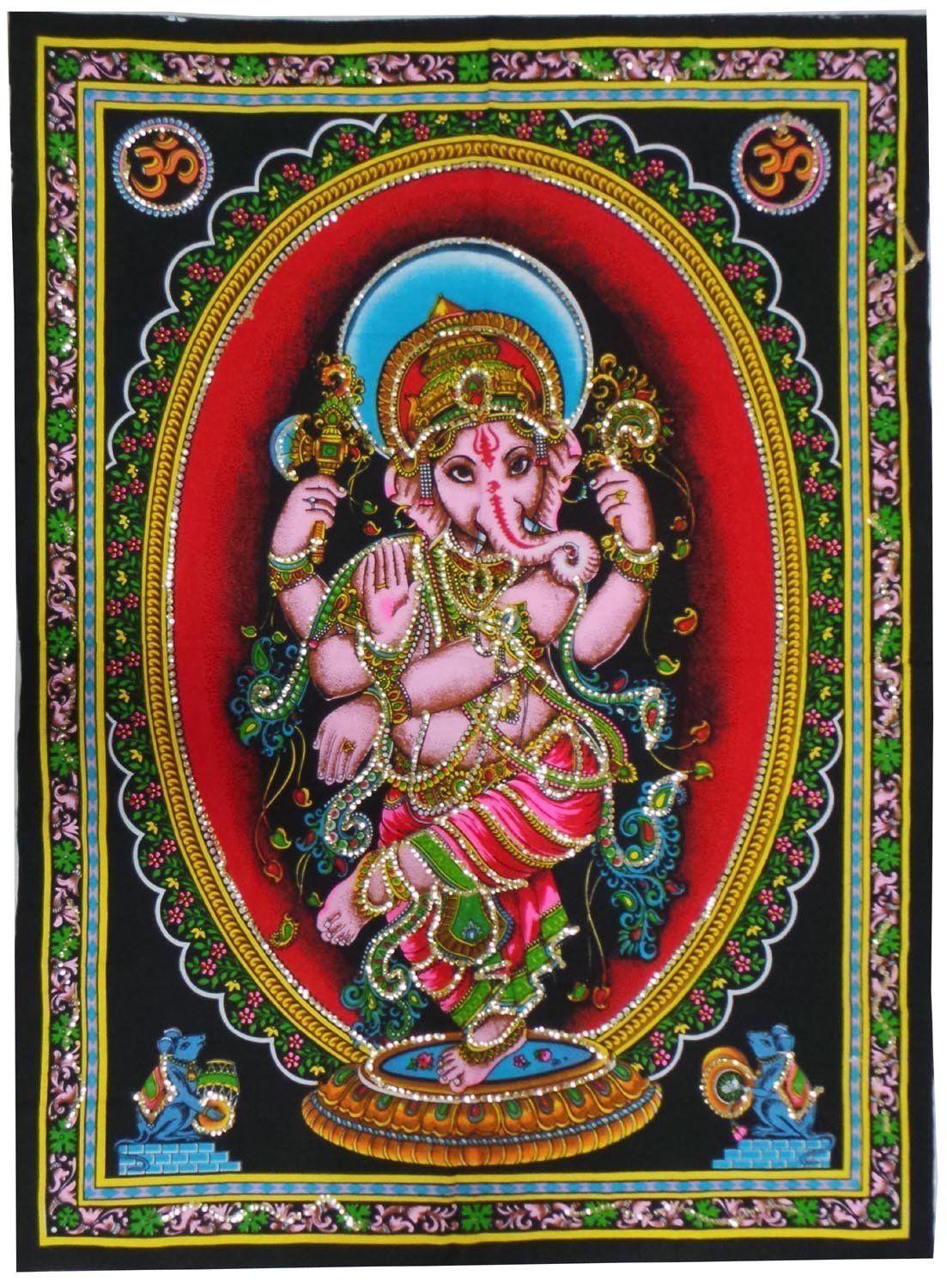 Rastogi Handicrafts Cotton Wall Hanging Indian Goddess Indian Deity 40'' X 30'' Poster Size (Dancing Ganesh-G)