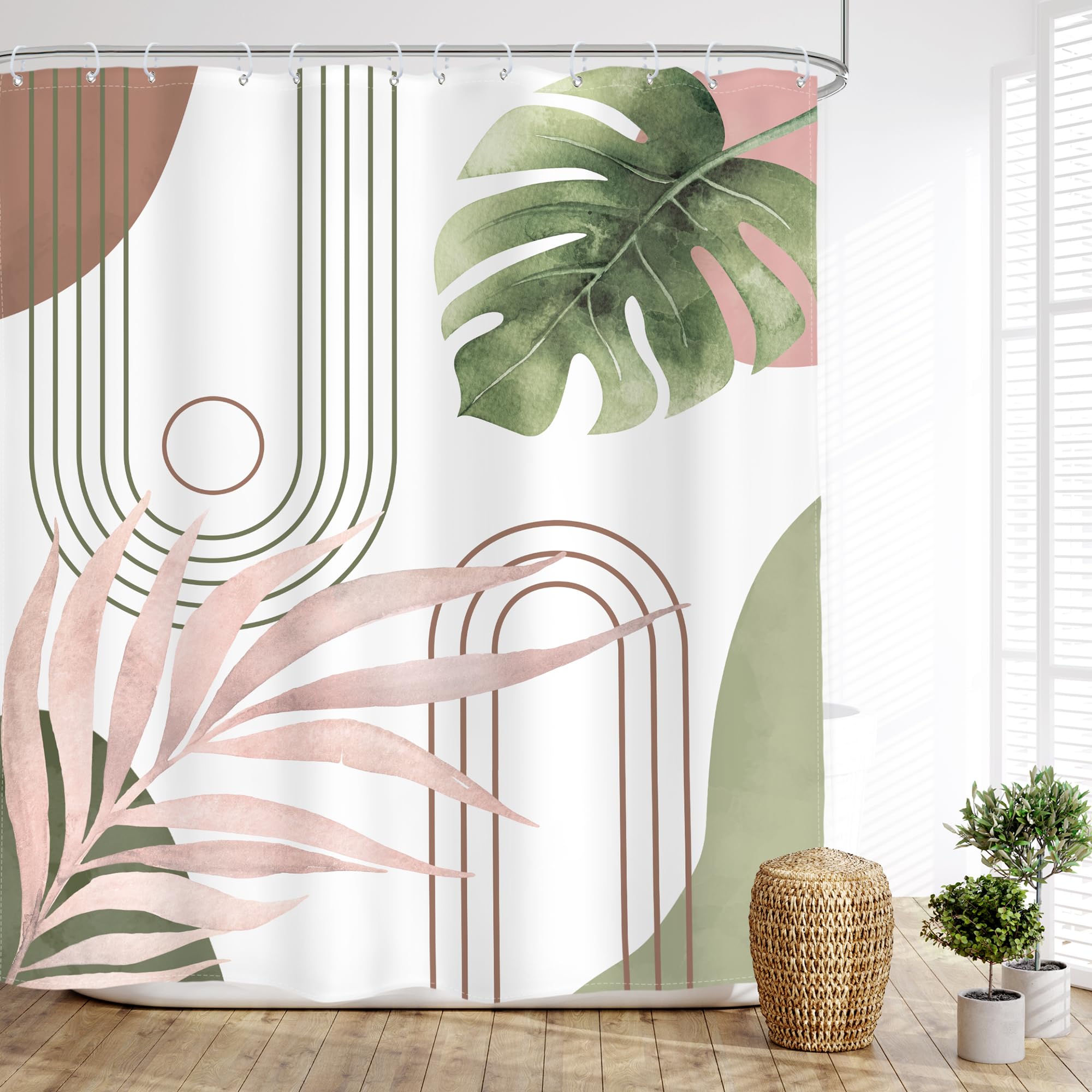 Glawry Abstract Tropical Shower Curtain Chic Boho Plant Palm Leaf Watercolor Pink Green Simple Minimalist Bathroom Modern Botani