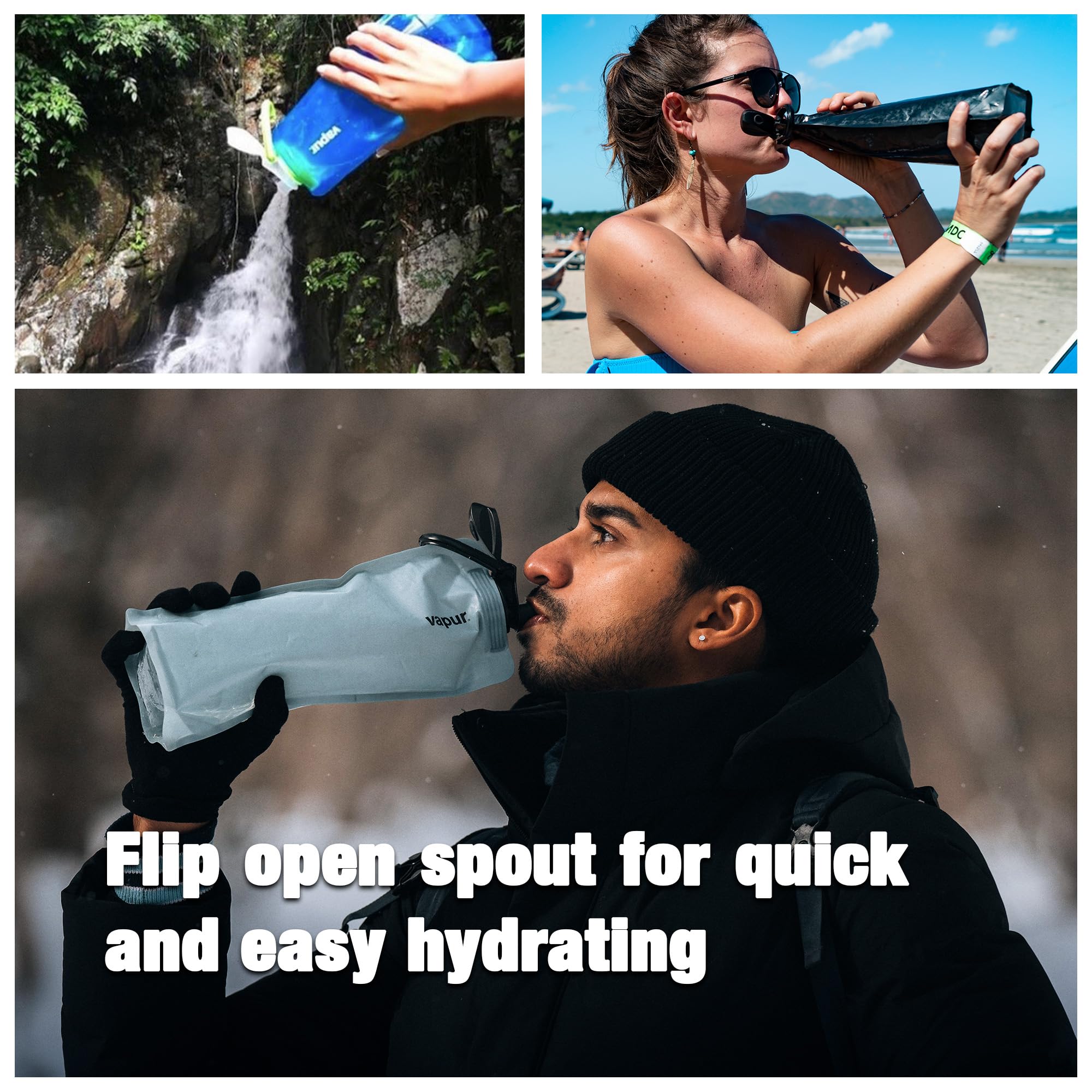 Vapur Flexible  Collapsible Wide Mouth Anti-Bottle with Detachable Carabiner  34 Ounce  Graphite Grey  Pack of 1
