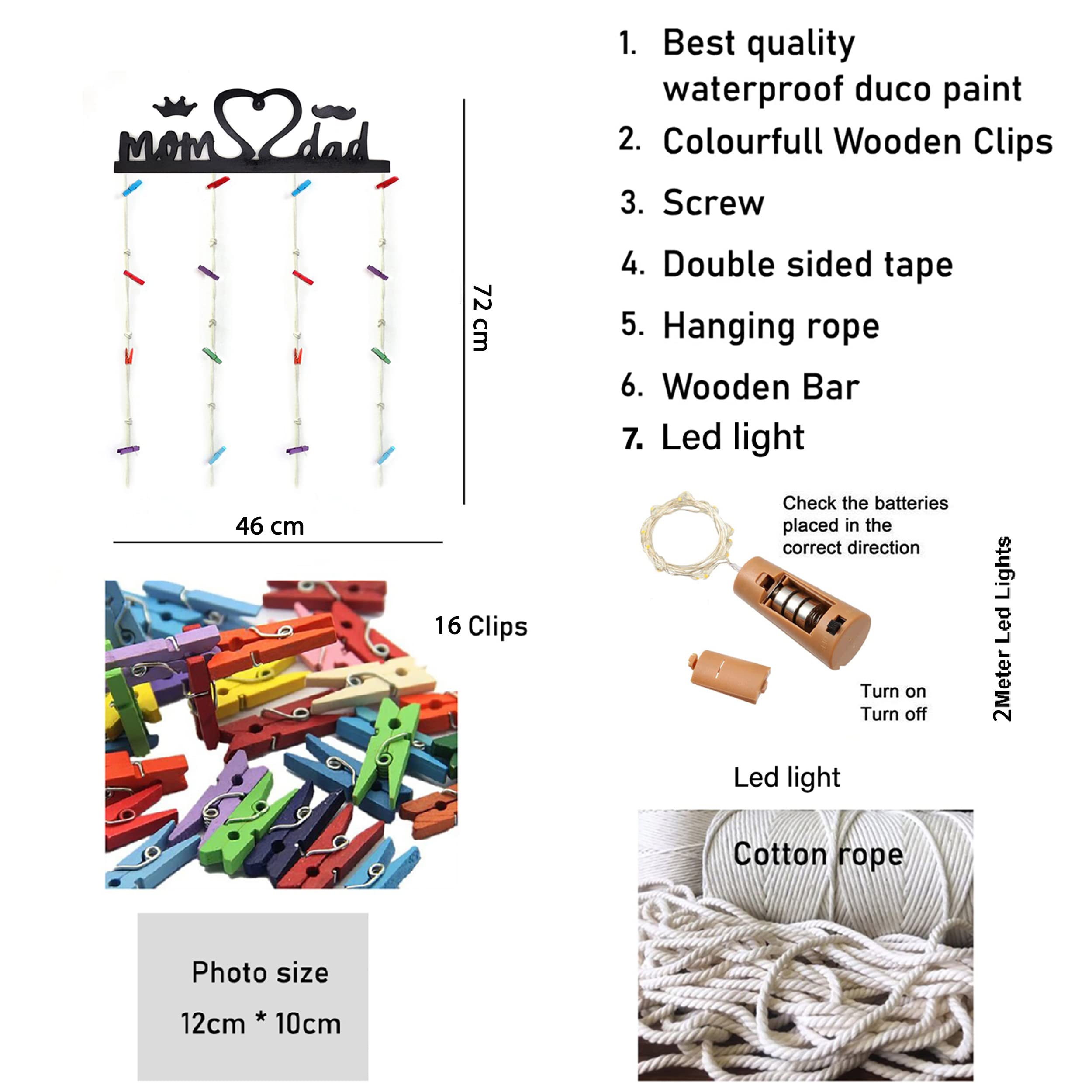 Vah Wooden Photo Frame With Led Light - Display Picture Collage Organizer With Clips (Mom And Dad With Light)