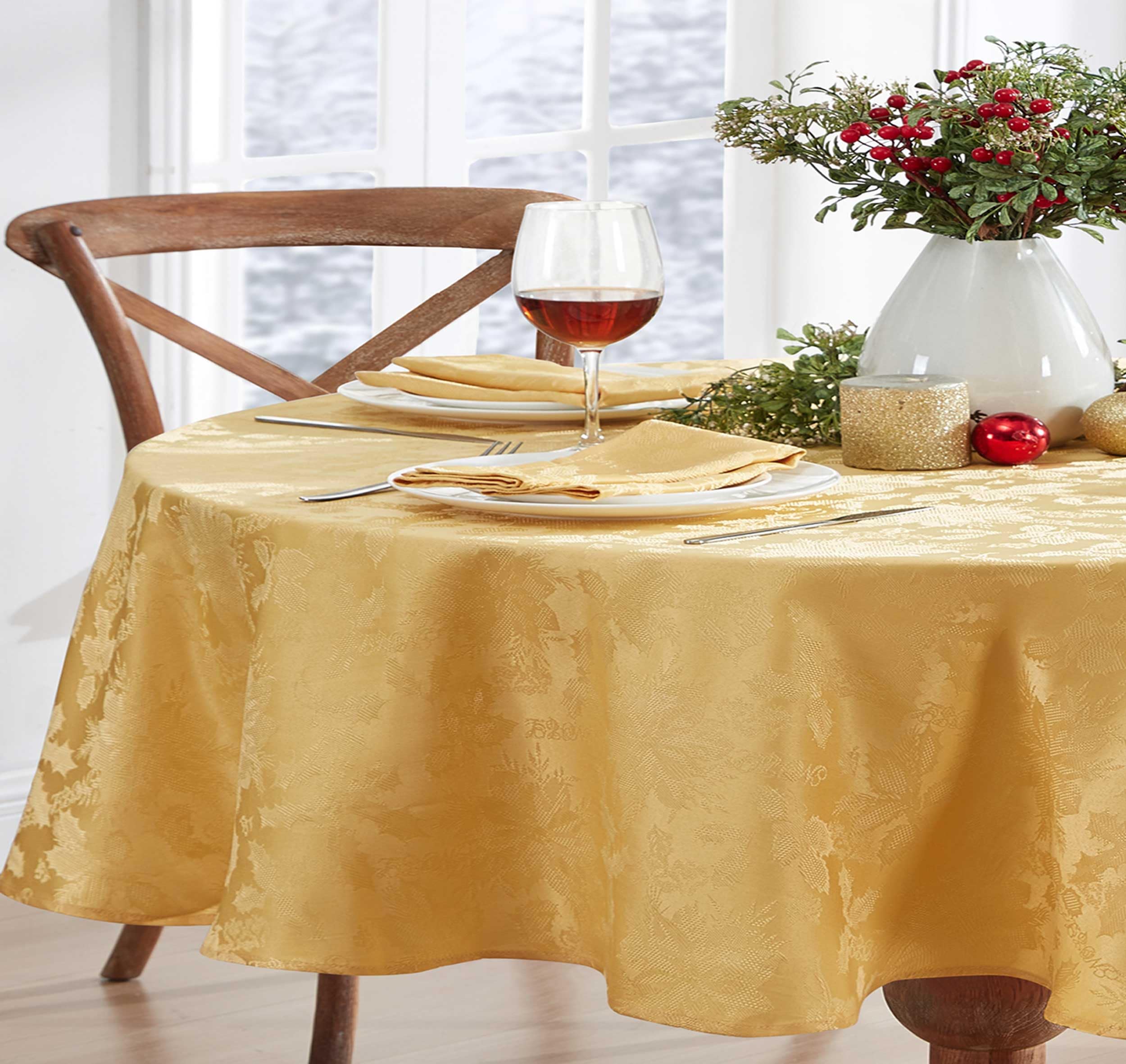 Newbridge Achristmas Carola Holiday Noel Damask Tablecloth, Holly Leaf And Poinsettia Weave Damask Soil Resistant, Wrinkle Free