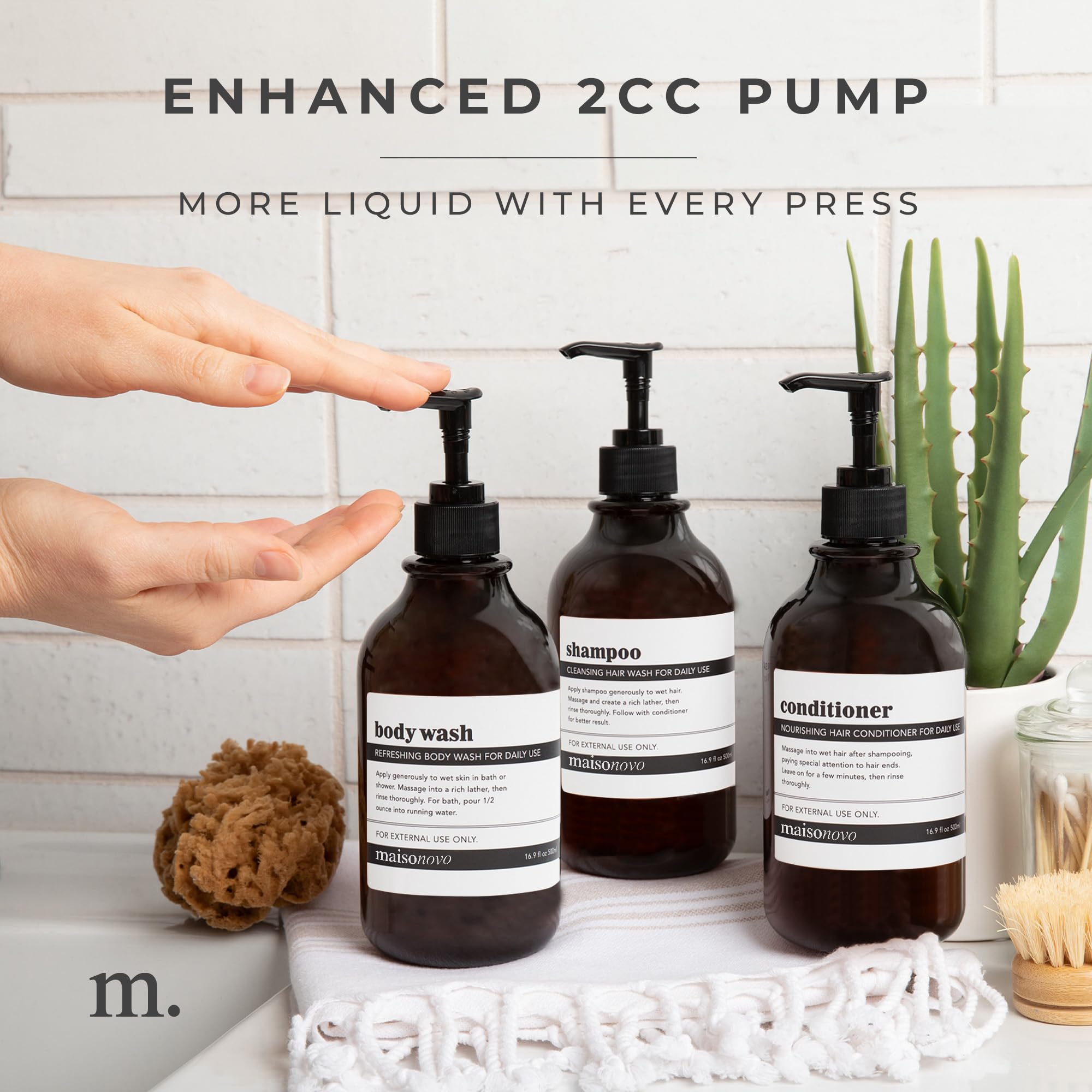 Maisonovo Refillable Shampoo And Conditioner Bottles | Set Of 3 Amber Plastic Bottles Black Pumps