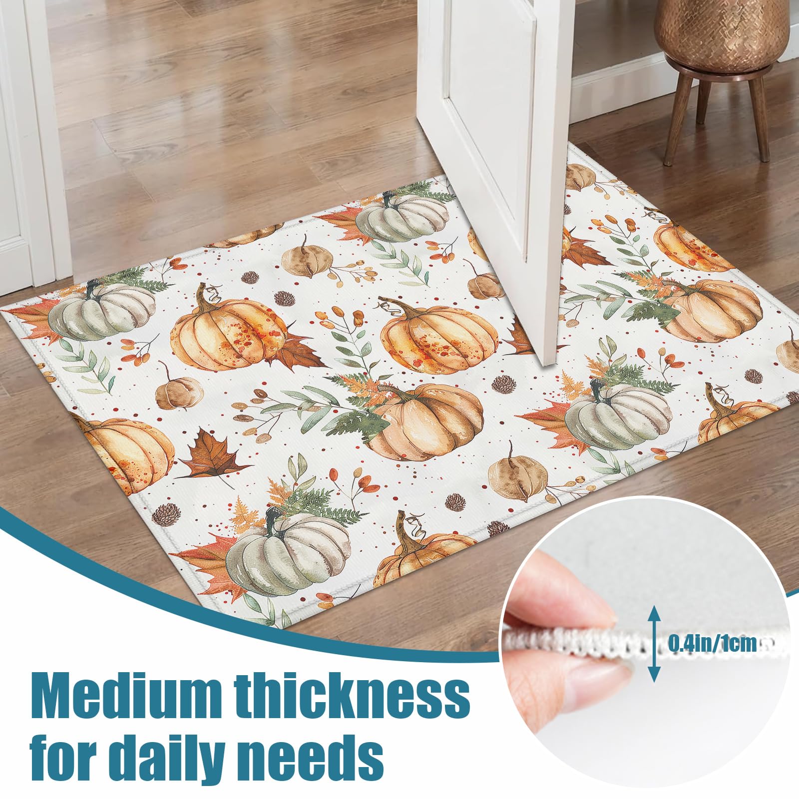 Fall Pumpkin Leaves Indoor Door Mat, Outdoor Entrance Doormat for Entryway Kitchen Bathroom 17 X 29 Inch