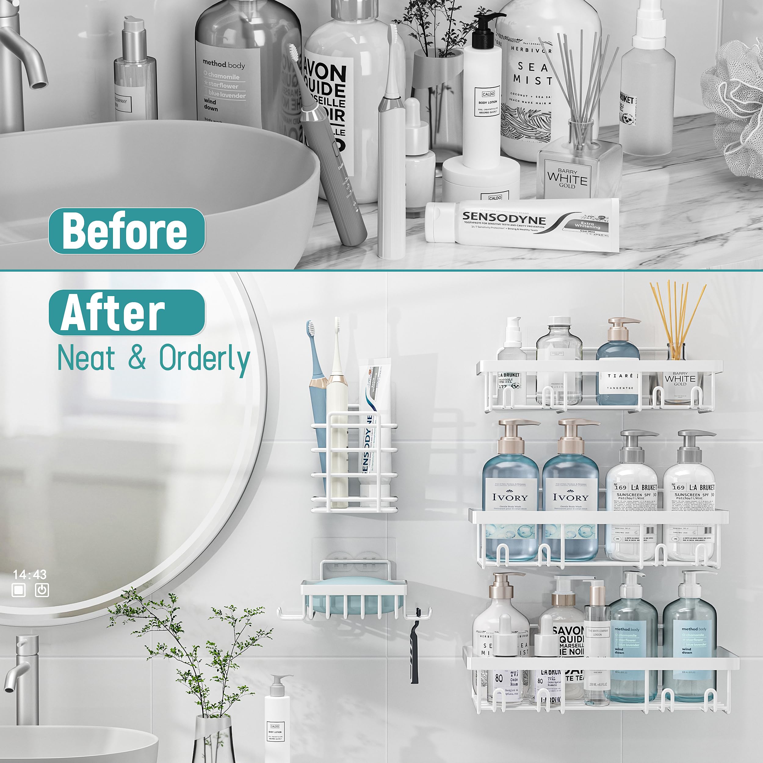 Liuoud Shower Caddy 5 Pack, Bathroom Shower Organizer Rack For Inside Shower, Adhesive Shower Shelf,Shampoo Holder, Shower Baske