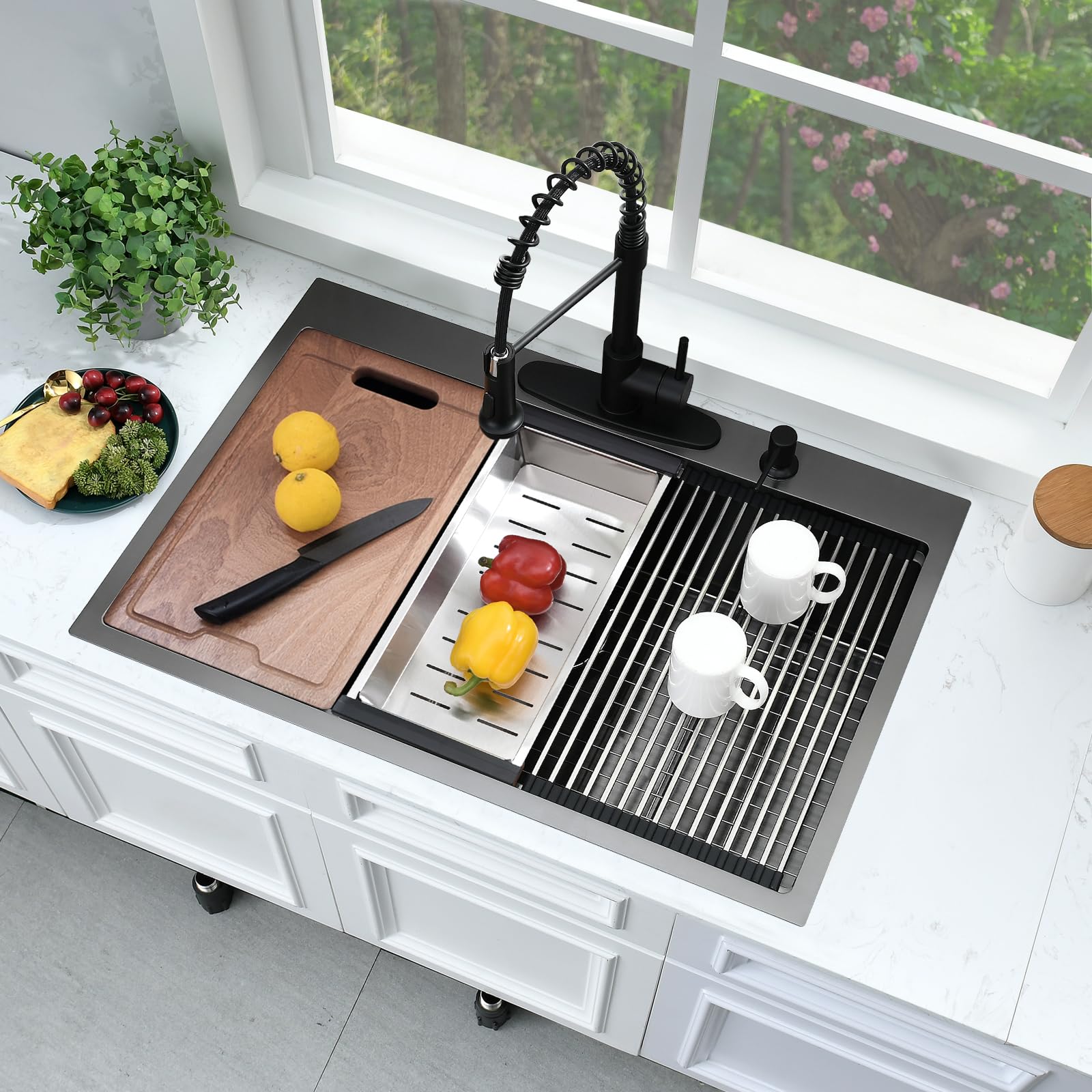 33 Inch Black Kitchen Sink Drop In Workstation-Bokaiya 33x22 Single Bowl Drop In Kitchen Sink Top Mount Workstation Sink 16 Gauge Deep Black Stainless Steel Kitchen Sink with Cutting Board