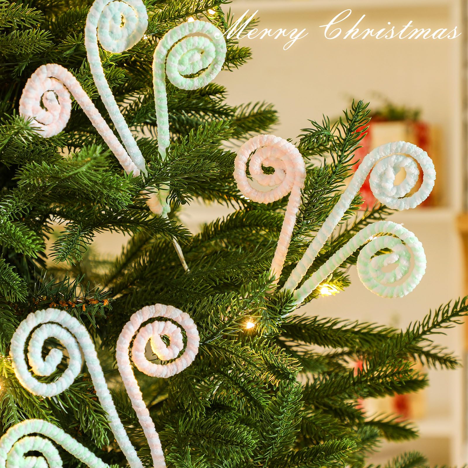 Gerrii 16 Pastel Christmas Decor Candy Cane Tree Picks Christmas Ornament Pastel Curly Pick Spray Macaron Stem Topper Large Loll