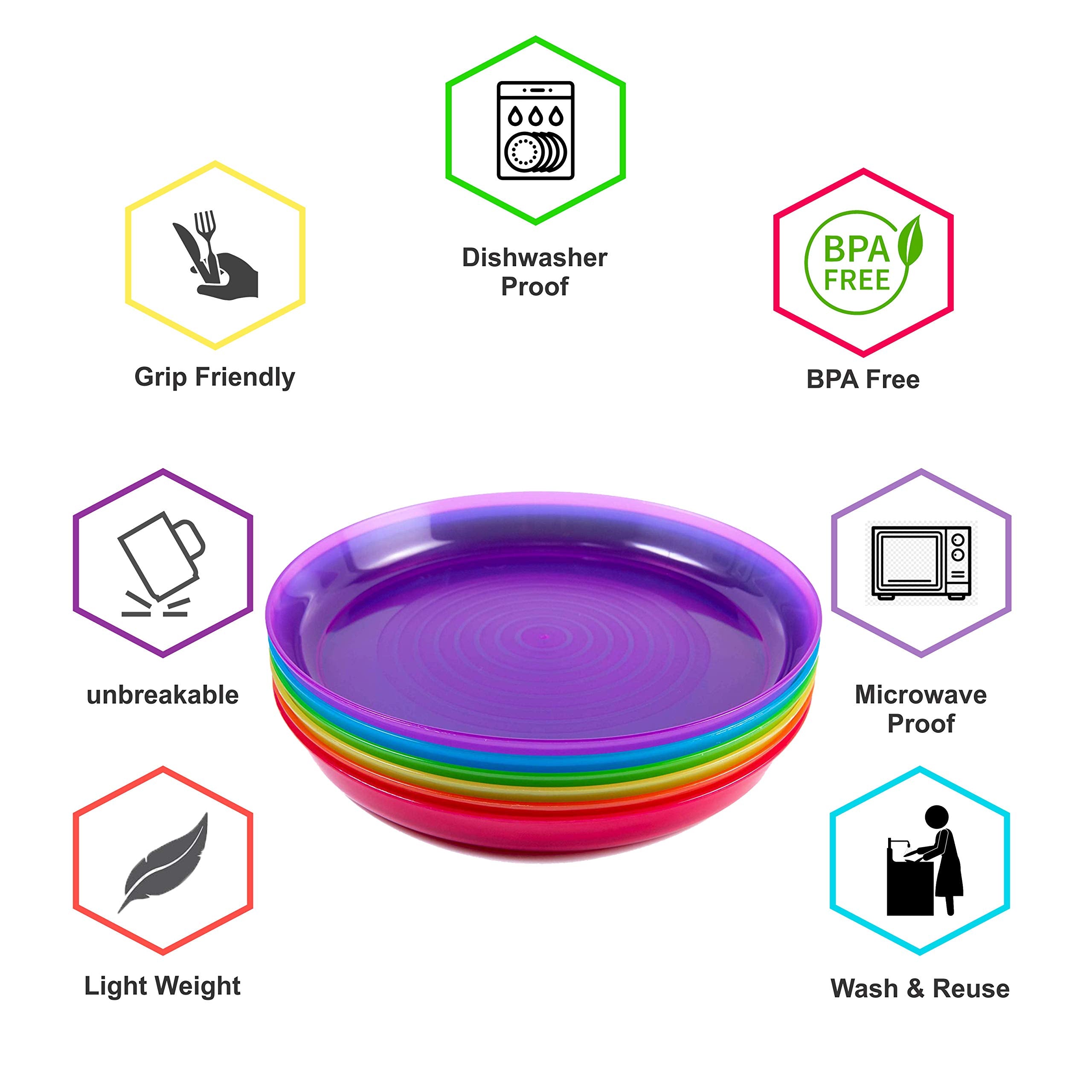 Cuddly Hippo Kids Plastic Dinnerware Set Of 18 Multi Color Plates - Reusable, Bpa-Free, Dishwasher Safe And Microwaveable