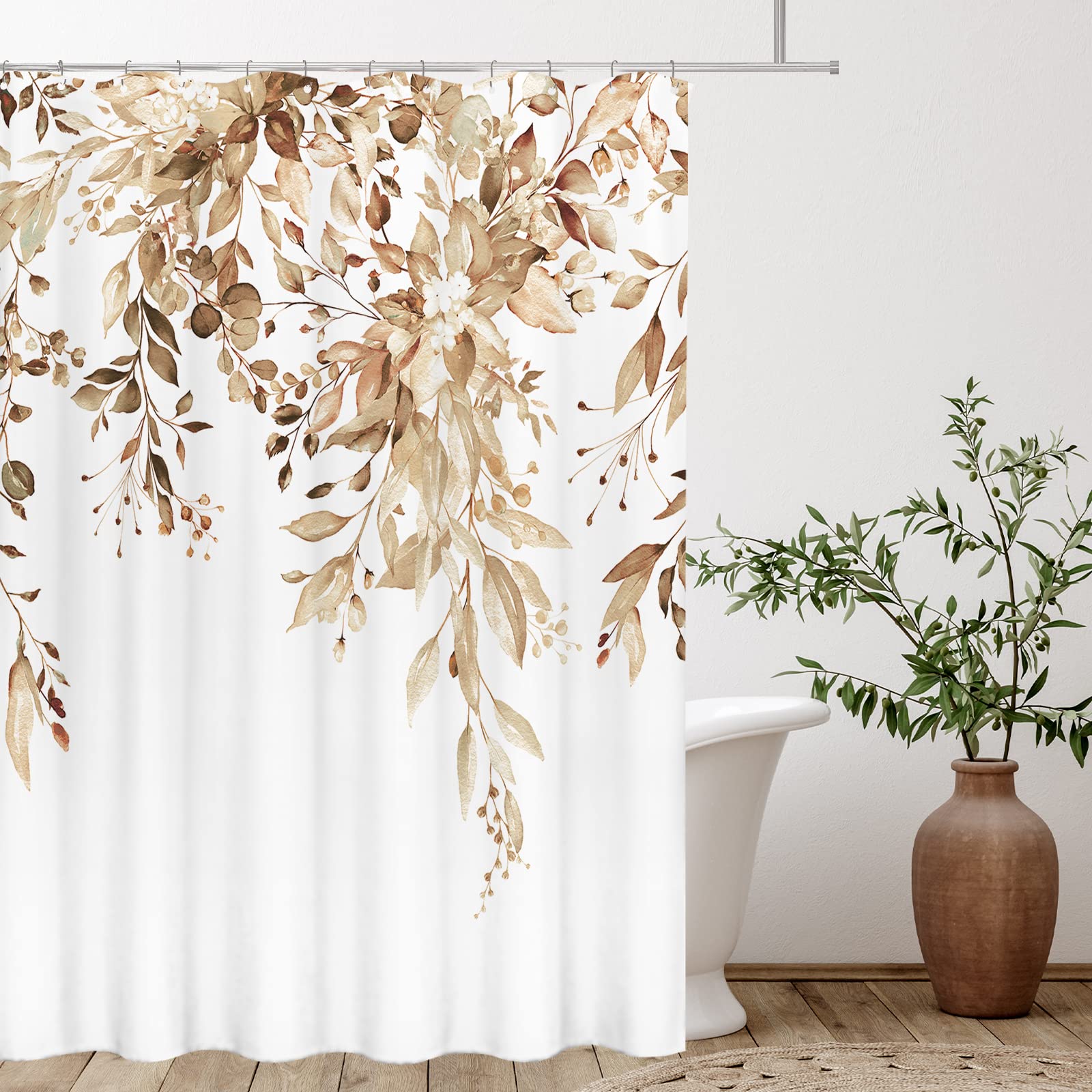 Tititex Tan Eucalyptus Shower Curtain Sets, Watercolor Light Brown Leaves On The Top Plant With Floral Bathroom Decoration 60X72