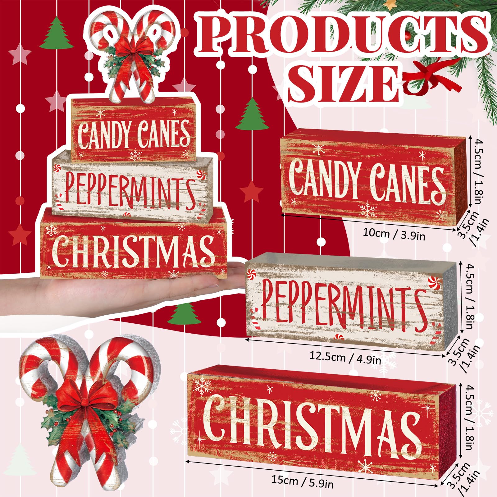 Moucuny 4 Pcs Christmas Candy Cane Table Decor Christmas Wooden Decorative Signage Red and White Stripes Candy Cane Xmas Tiered