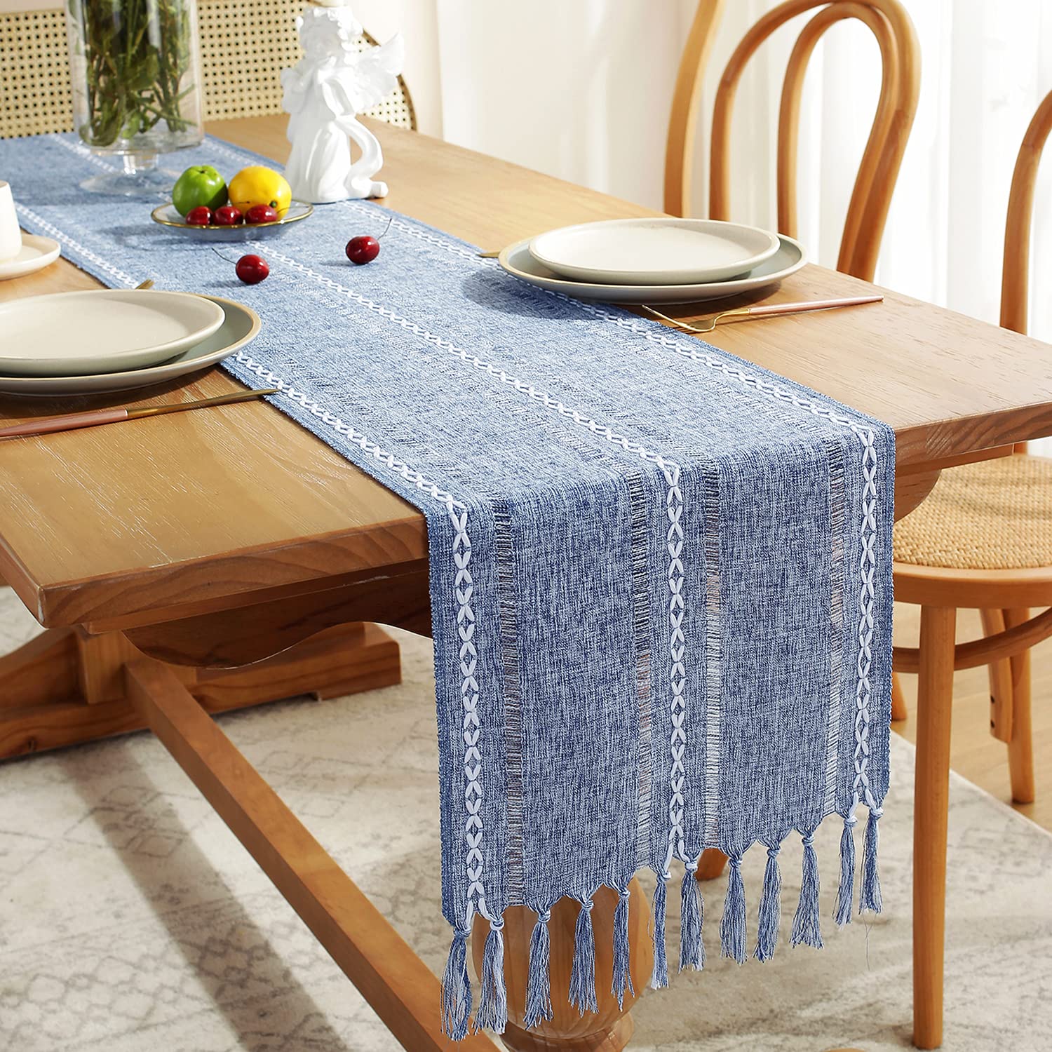Rustic Farmhouse Style Linen Table Runner, Boho Handmade Tassel Hemstitched Embroidered Table Runners 60 Inches Long For Holiday