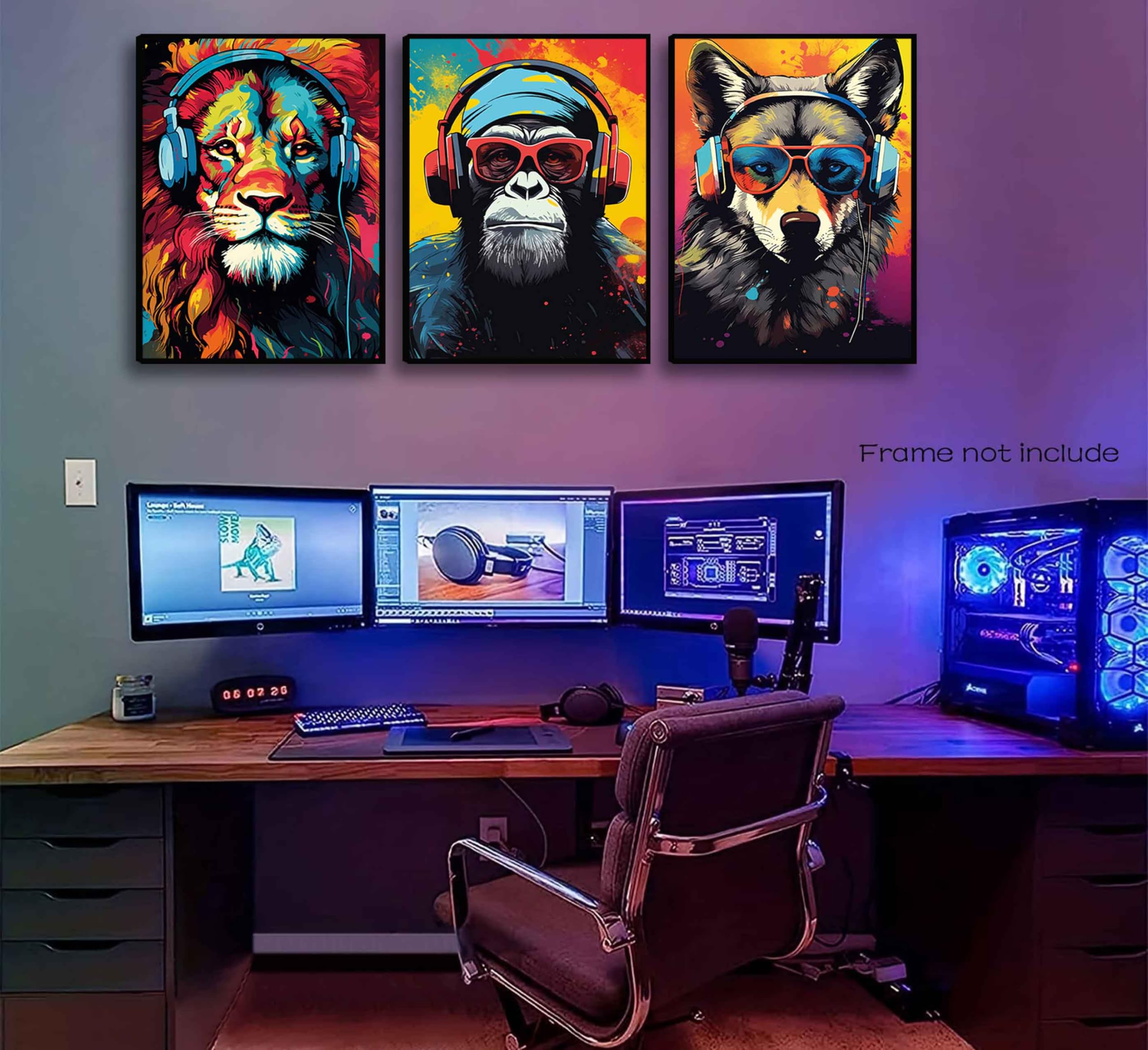3Pcs Gaming Wall Art Animal Graffiti Posters Pictures With Headphones Sunglasses Gorilla Tiger Wolf Cool Gamer Canvas Prints Col