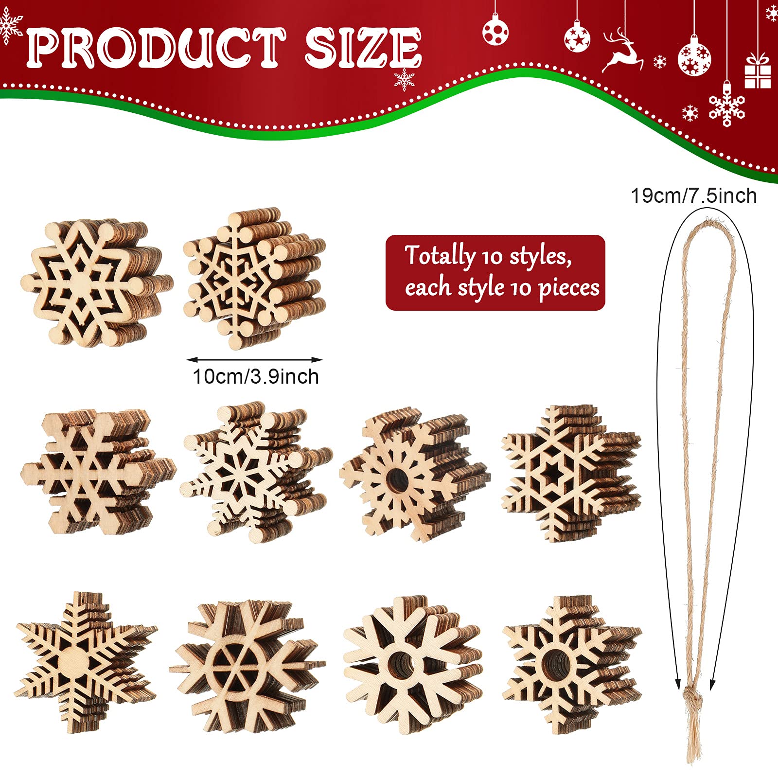 100 Pcs Christmas Unfinished Wooden Snowflake Ornaments Snowflake Hanging Cutouts Blank Wood Slices with Cord Craft Embellishmen