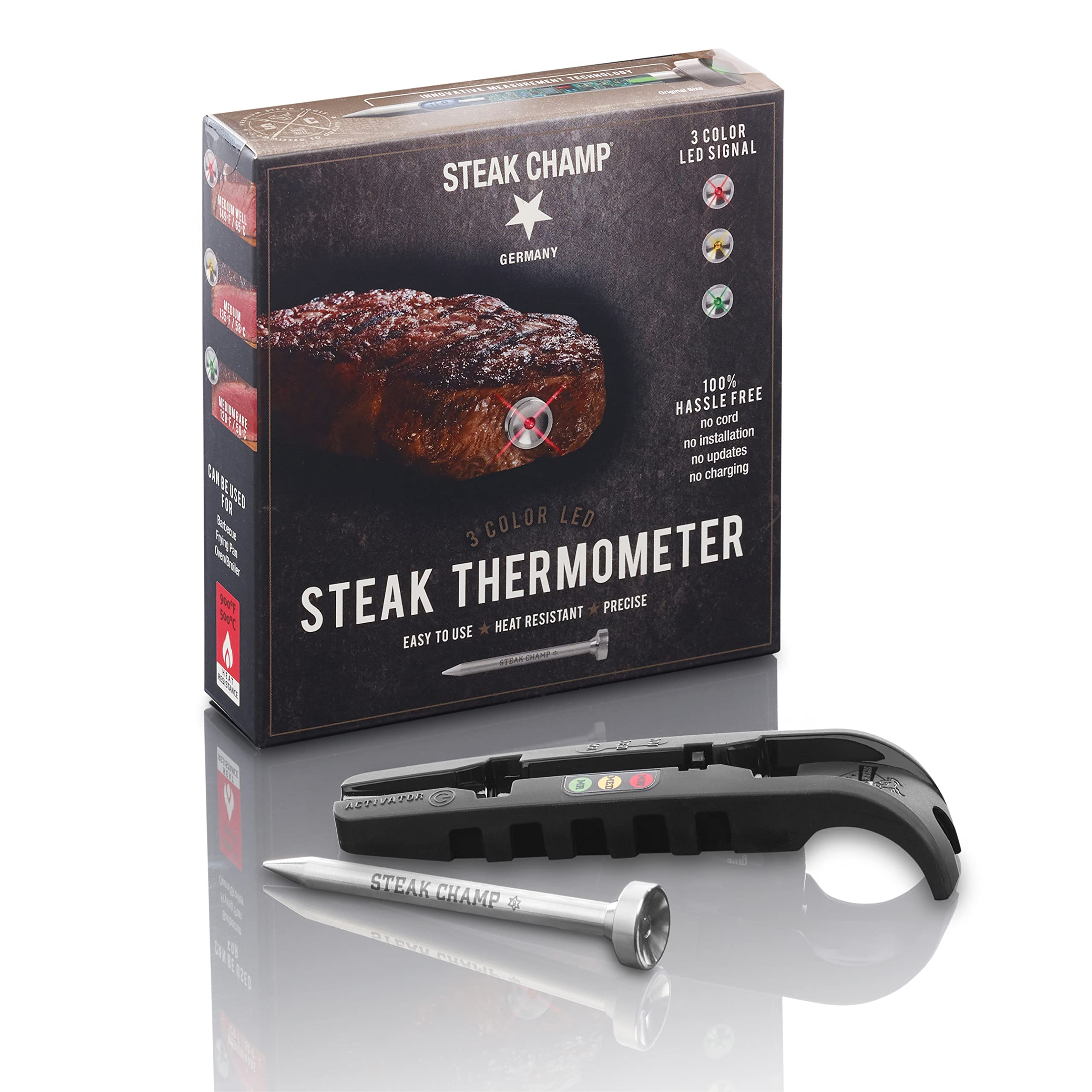 Steakchamp 3C Black, The Steak Thermometer, 3-Color Led Thermometer - Version 2021