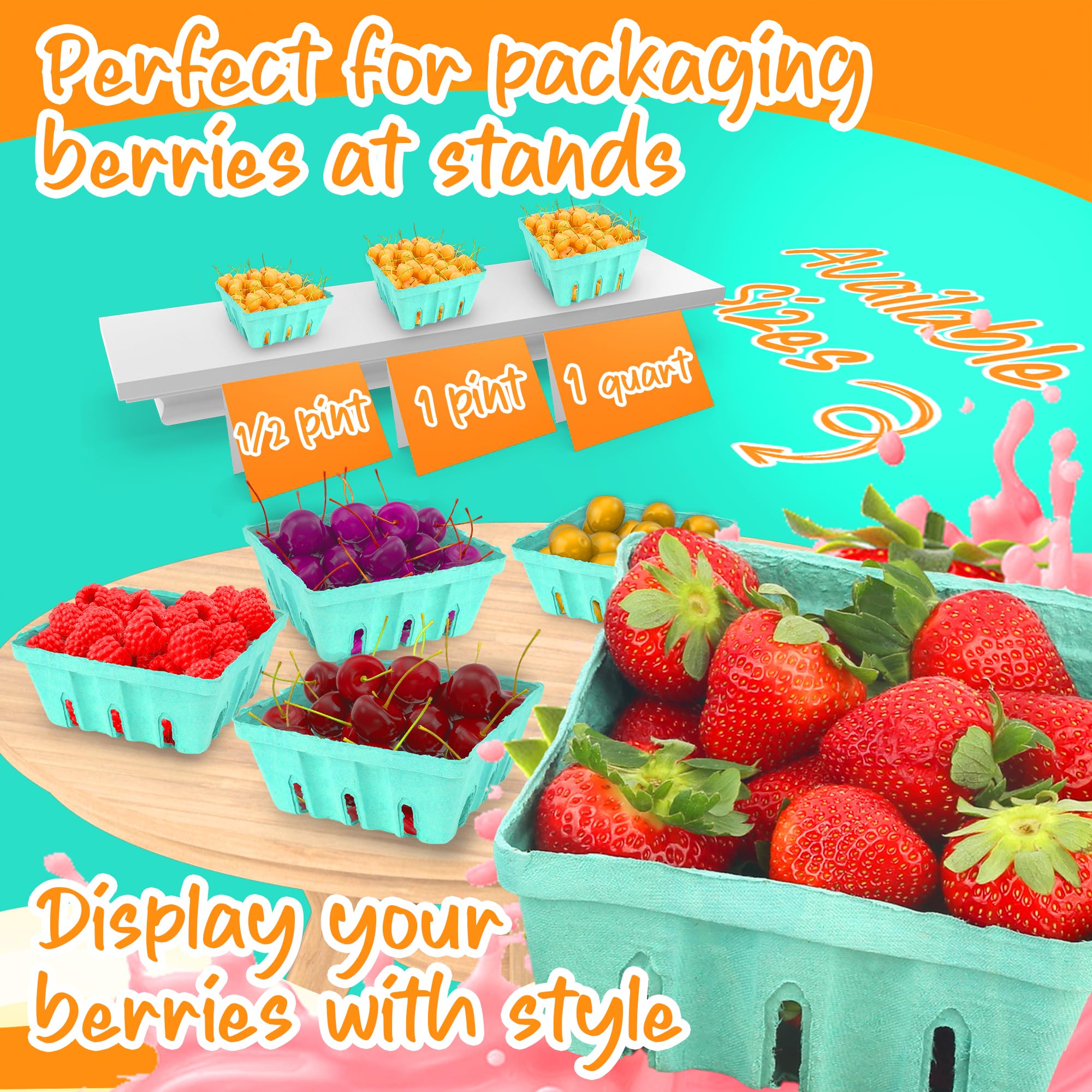 Mt Products Green Berry Baskets 1/2 Pint - Molded Pulp Fiber Vented Produce Basket For Packaging Fruits And Veggies (Pack Of 15)