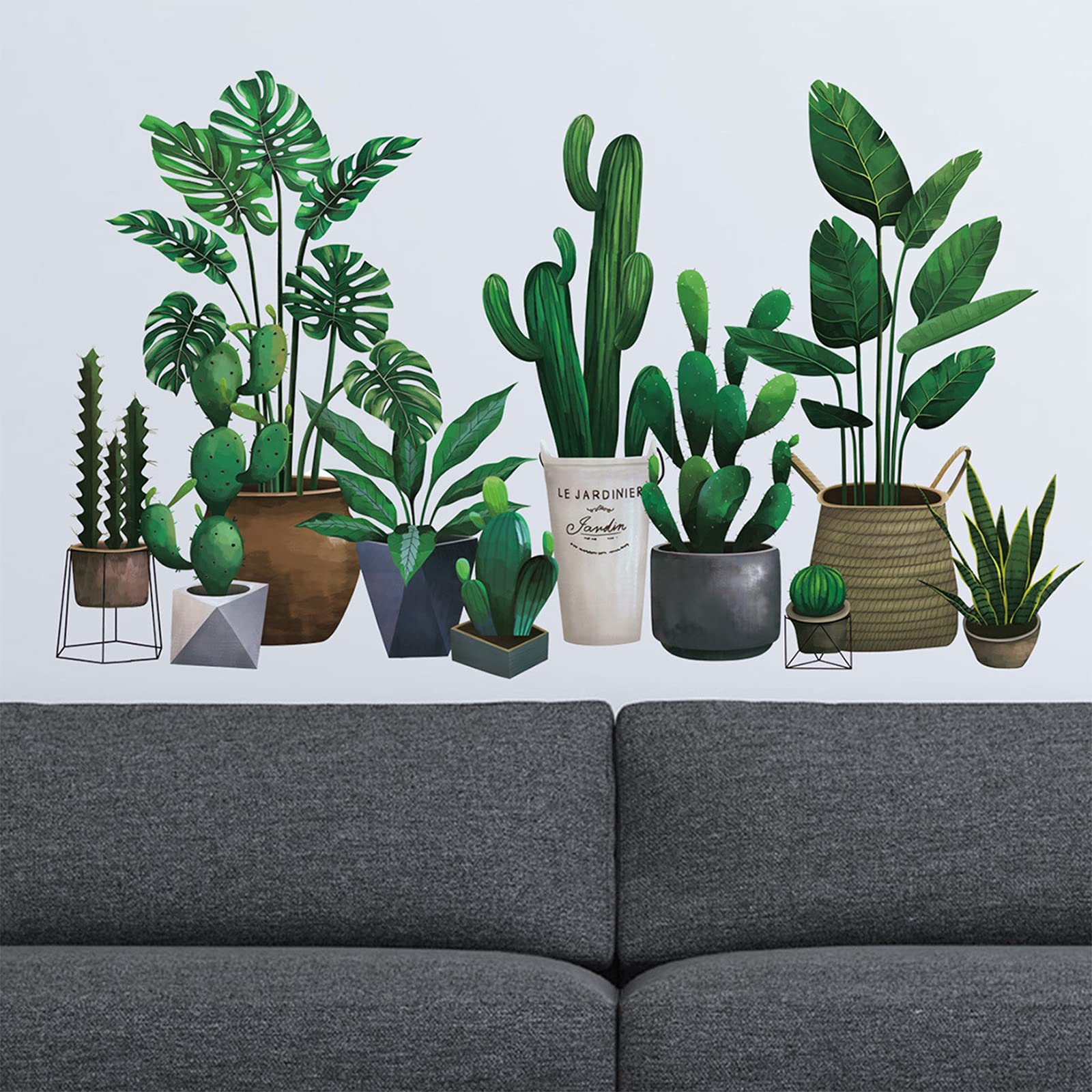 Green Pot Plants Leaves Wall Decals, Monstera Cactus Bonsai Tropical Potted Plants Wall Stickers, Removable Palm Tree Leaf Diy A