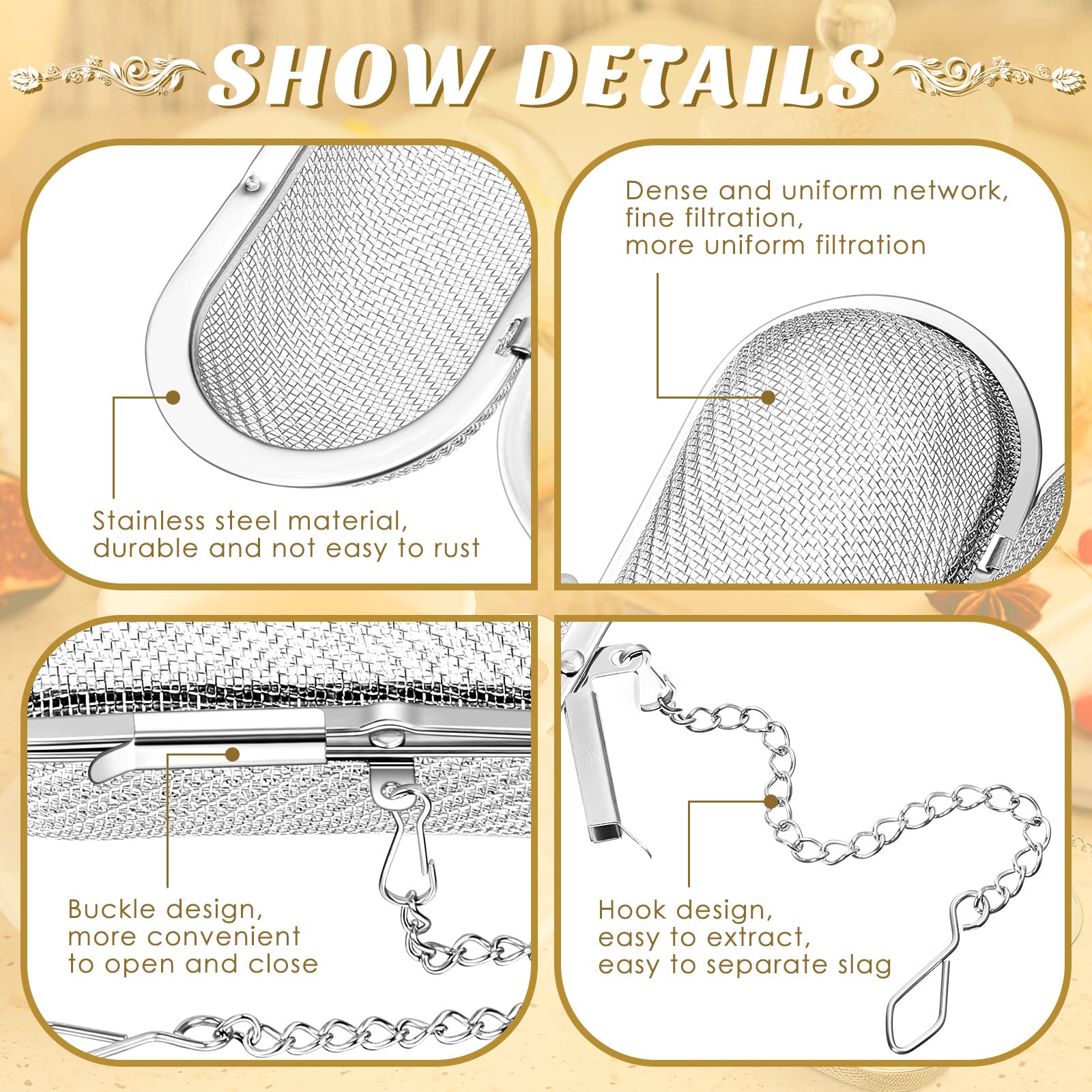 3 Pcs Tea Ball 4.25 X 1.75 Inch Floating Stainless Steel Mesh Tea Infuser Oval Loose Leaf Tea Steeper Soups Oil Spice Herb Tea S