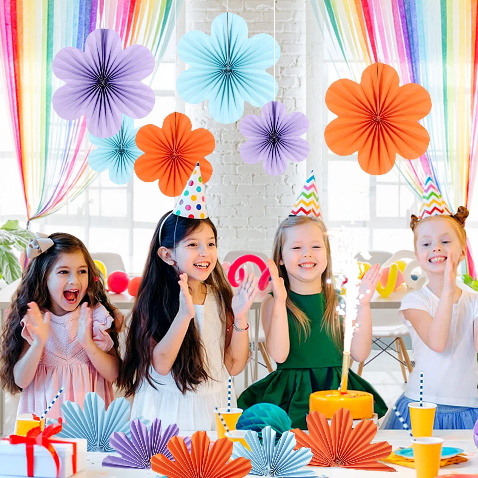 Sunbeauty 9 Pcs Flower Party Decorations Paper Fans Classroom Decoration Paper Floral Backdrop Decor Paper Fans Decoration Hangi