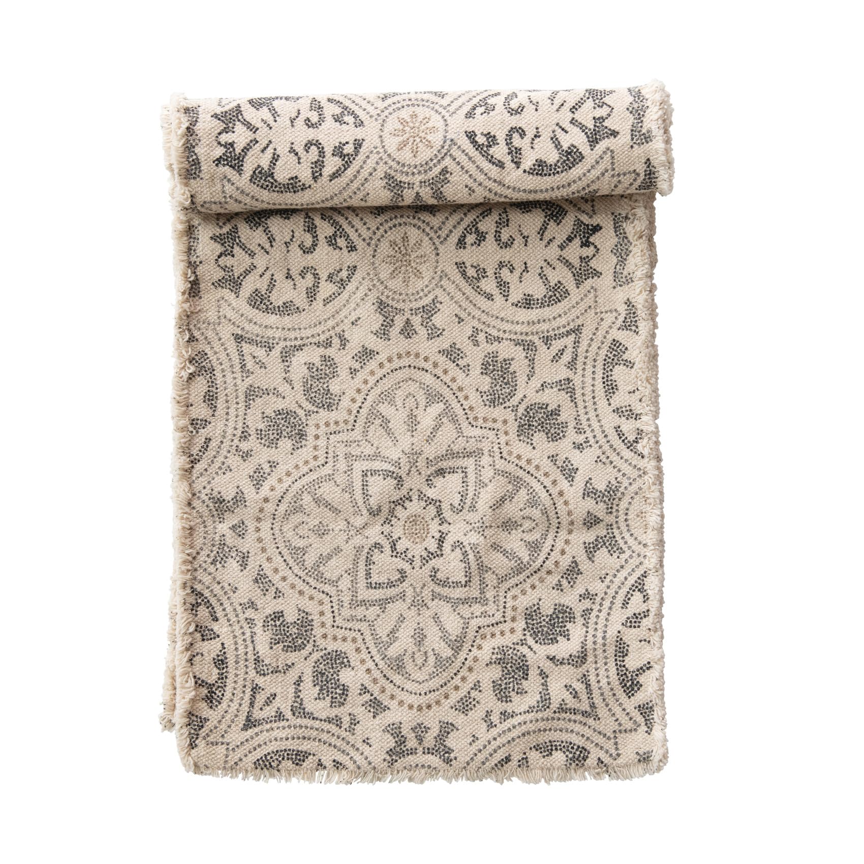 Bloomingville Grey And Cream Cotton Printed Table Frayed Edge Runner