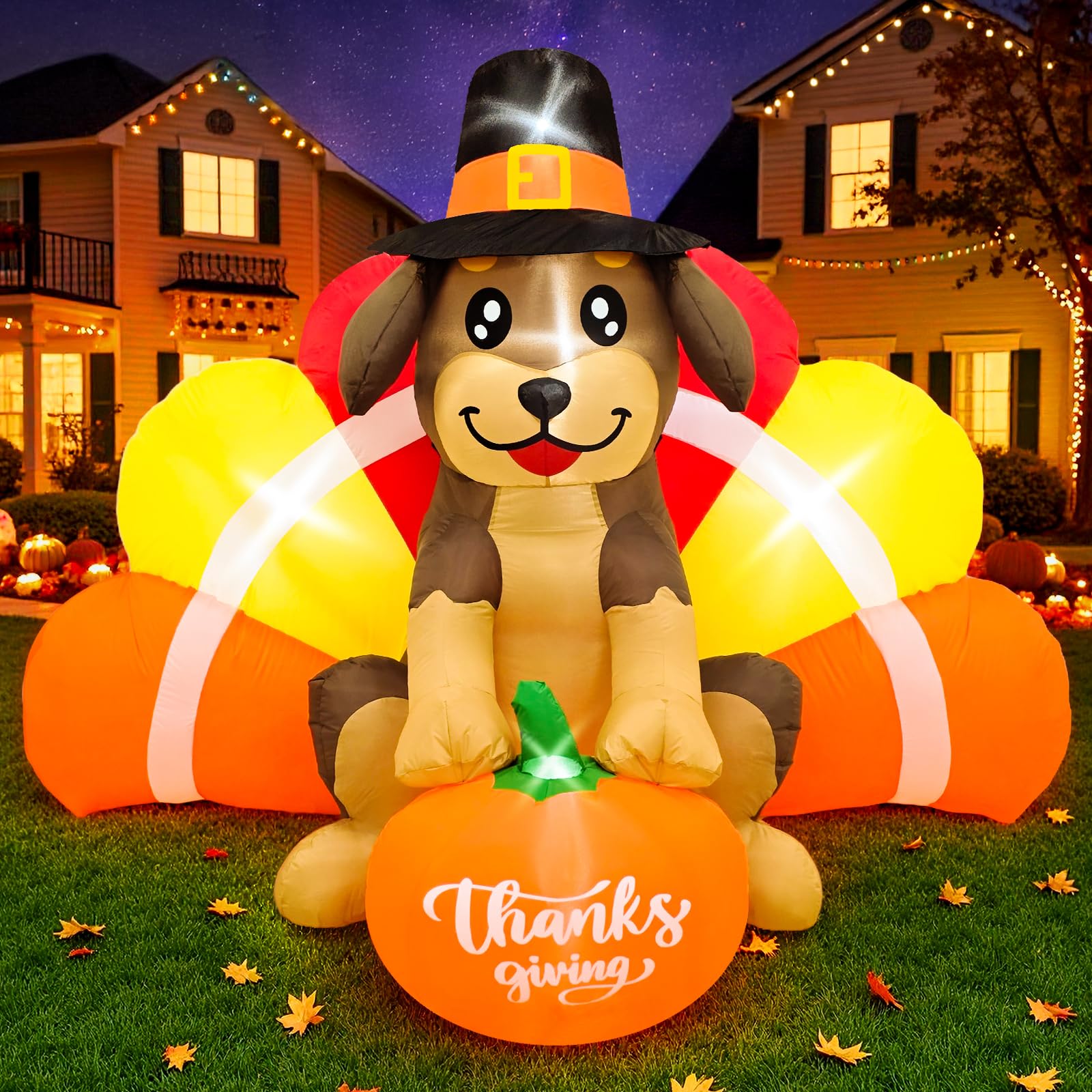 Fayavoo 5FT Happy Thanksgiving Inflatables Outdoor Decorations, Inflatable Turkey Dog with LED Lights, Blow Up Turkey for Fall I