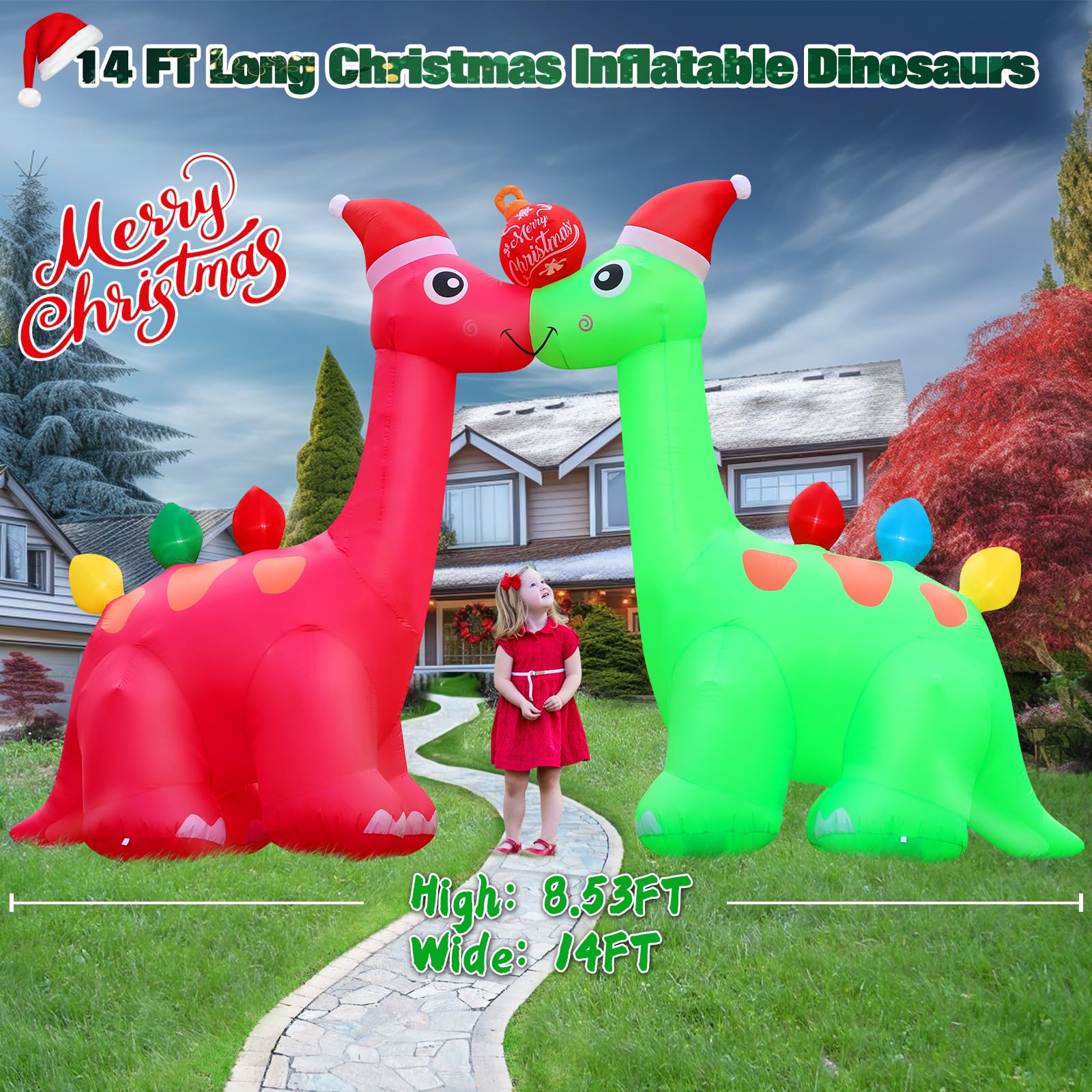 FunFanso 14 FT Long Christmas Inflatable Decoration Two Dinosaurs Archway with Xmas Ball, Giant Blow up Dinosaurs with Powerful