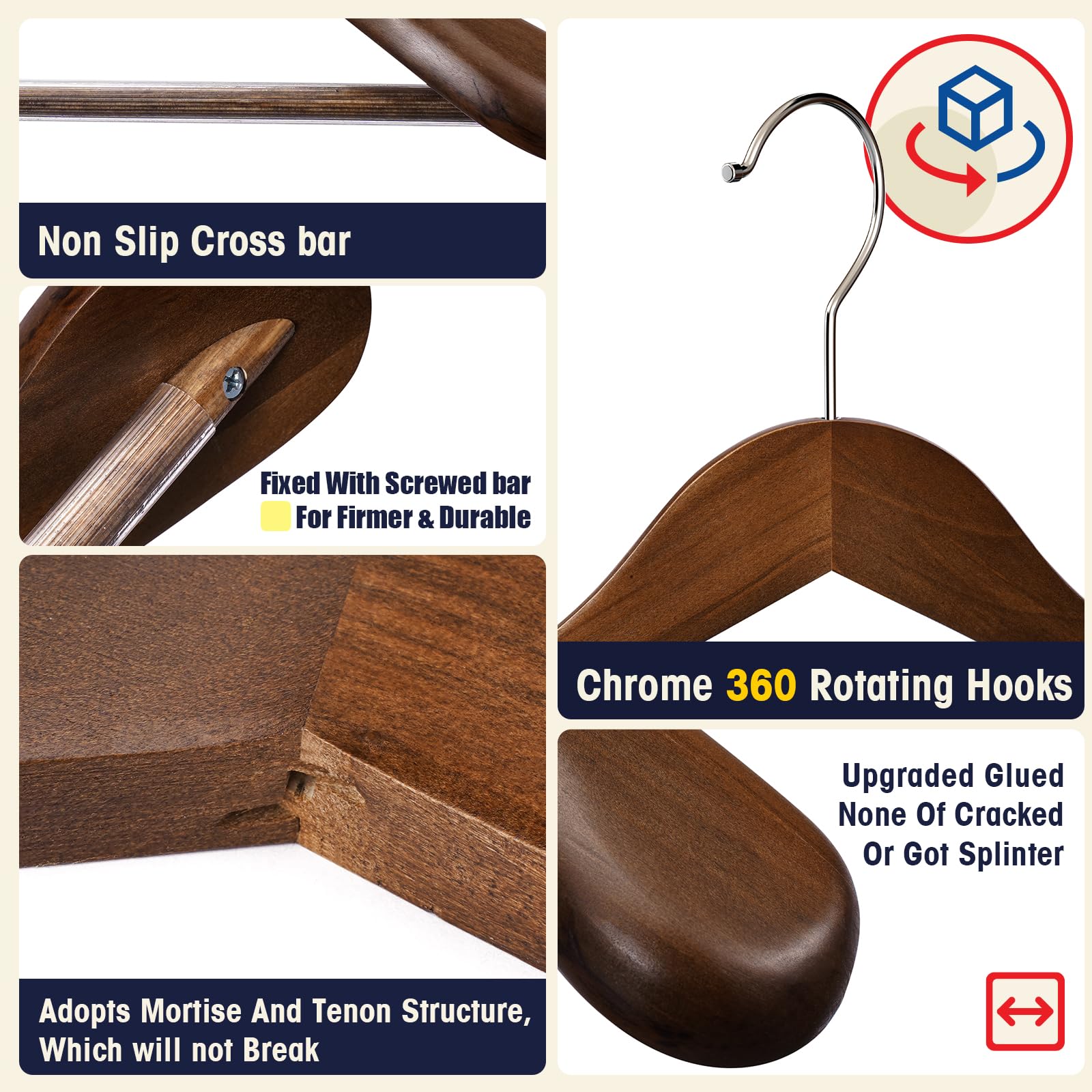 Uinicor Suit Hangers 10 Pack Wooden Coat Hangers,Wide Shoulder Hangers With Non Slip Pants Holder,Heavy Duty Clothes Hangers,Sui