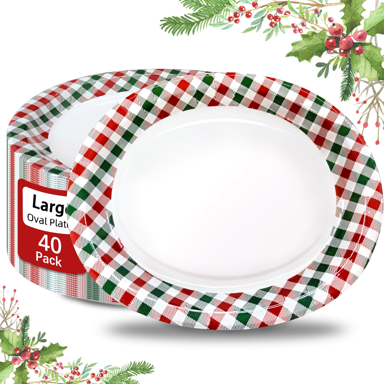 VEIZEDD 40Pcs Christmas Oval Paper Plates - 10 x 12.5 Large Christmas Dinner Plates Disposable Red and Green Plaid Platter for H