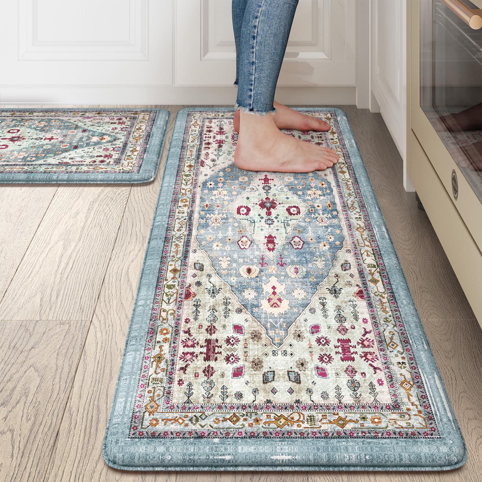 Collive Boho Kitchen Rugs and Mats 2PCS Cushioned Anti-Fatigue Floor Mat, Waterproof Kitchen Rug Set of 2 Non-Skid Comfort Stand