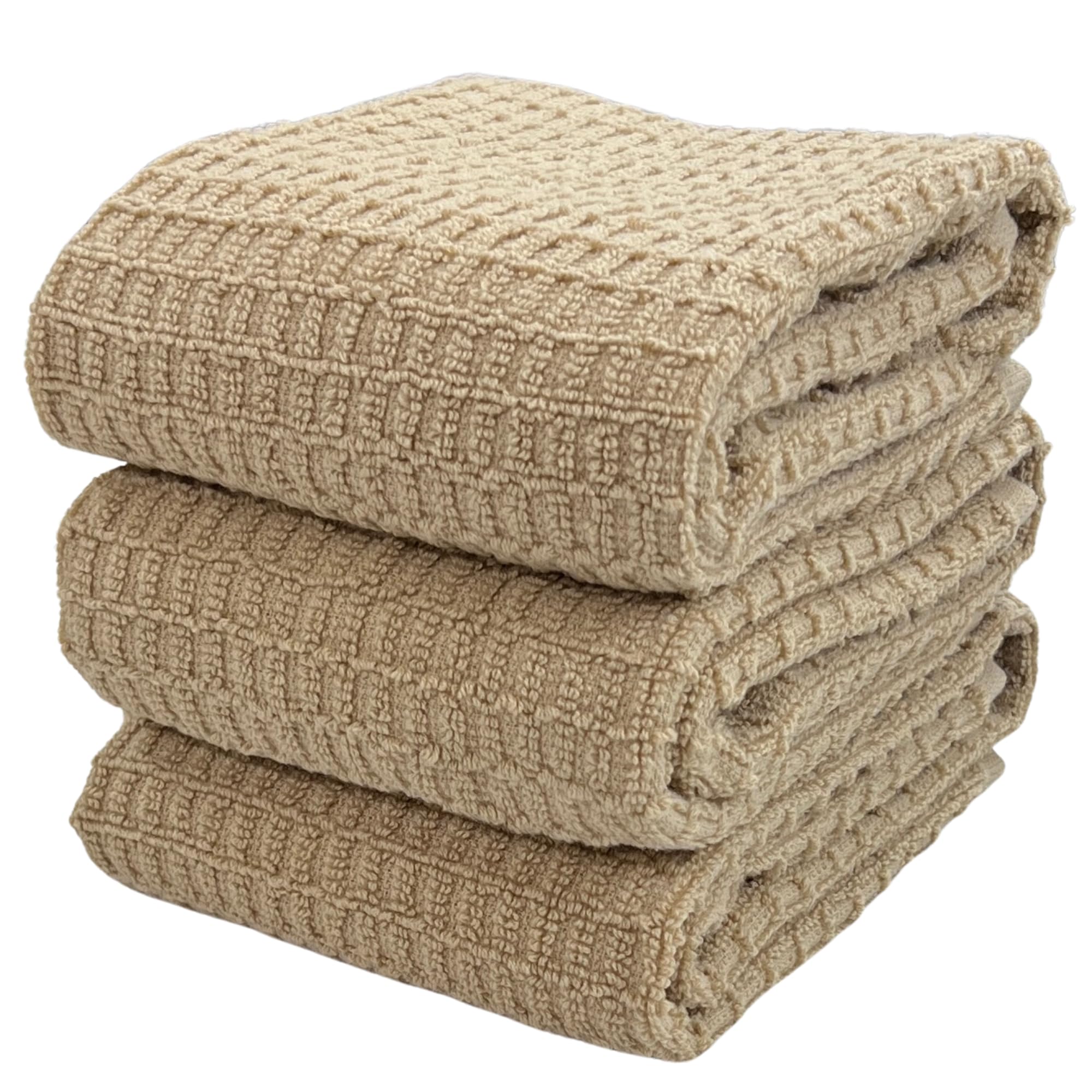 Tan Beige Kitchen Dish Hand Towels 100% Cotton Waffle Cloth Soft Cleaning Drying Absorbent Terry Box Loop: Set Of 3 Multipurpose
