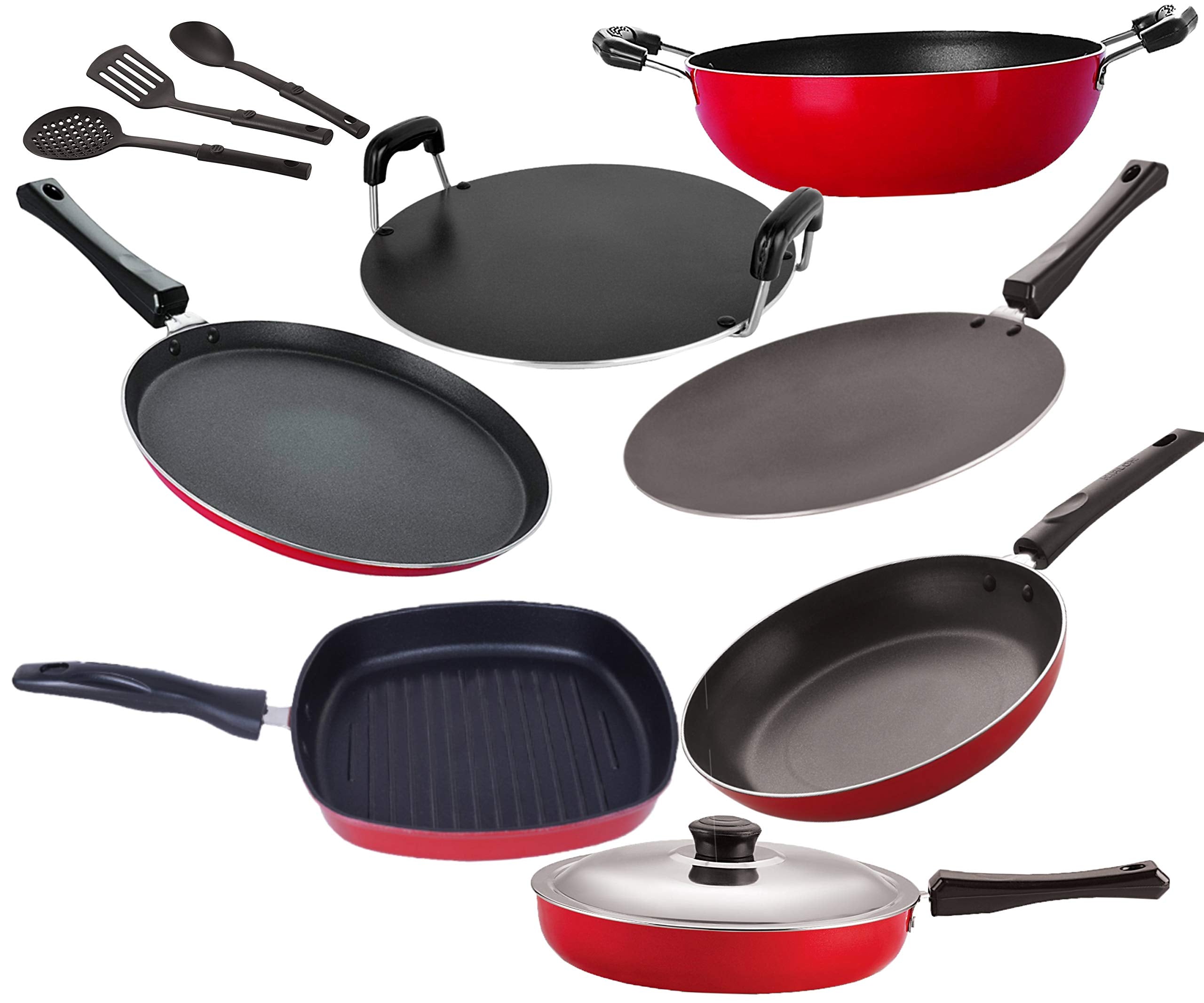 Nirlon NonStick Aluminium Cookware Essential Combo Gift Set Of11 Pieces With Bakelite Handle (Ft12_Ct12_Fp12_Kd12_Tp22_Ap12_Rt_