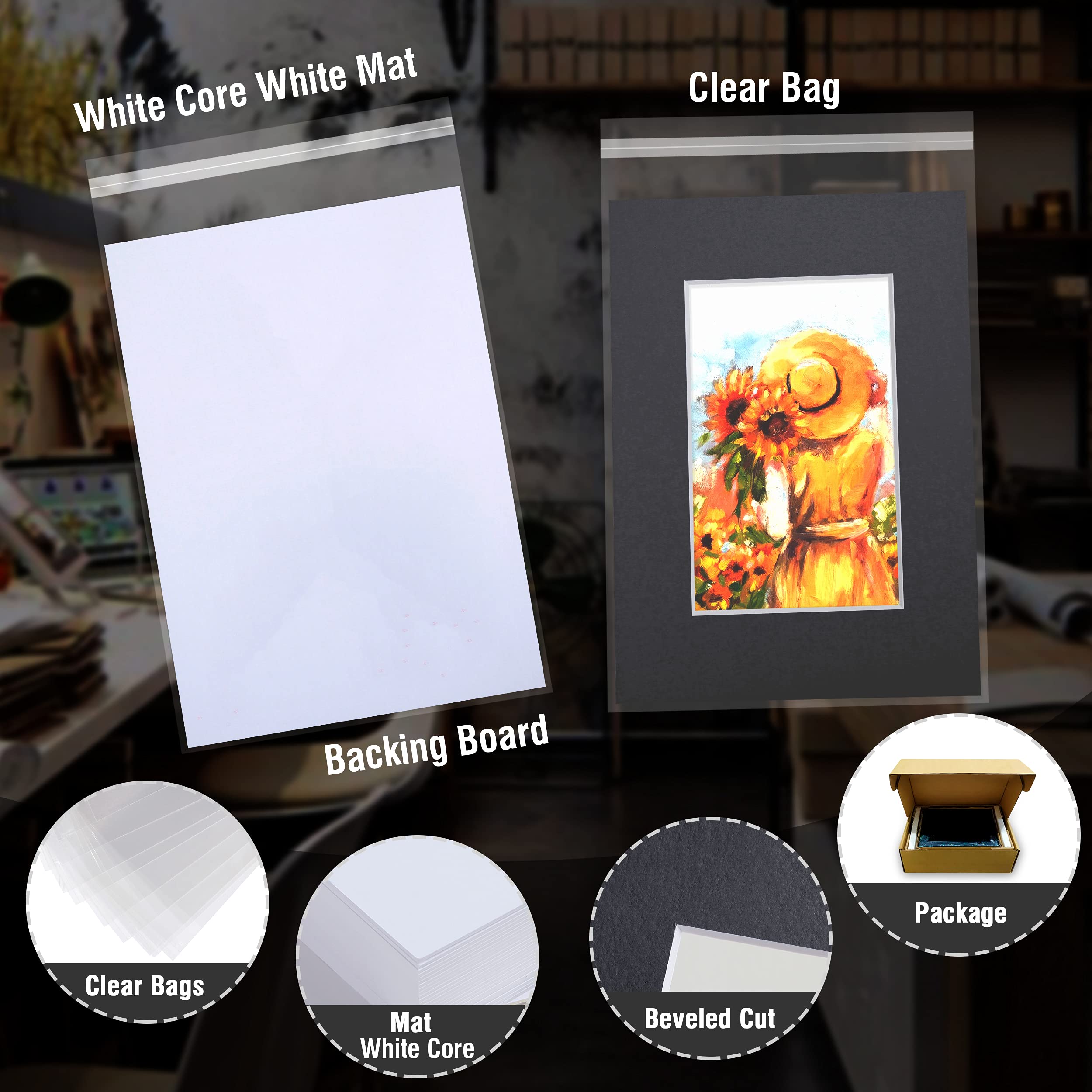 Acid Free 8X10 Pre-Cut Picture Mat Board Kit For 5X7 Photo, Includes 25 Black Core Bevel Cut Mattes, 25 Backing Boards, 25 Cryst