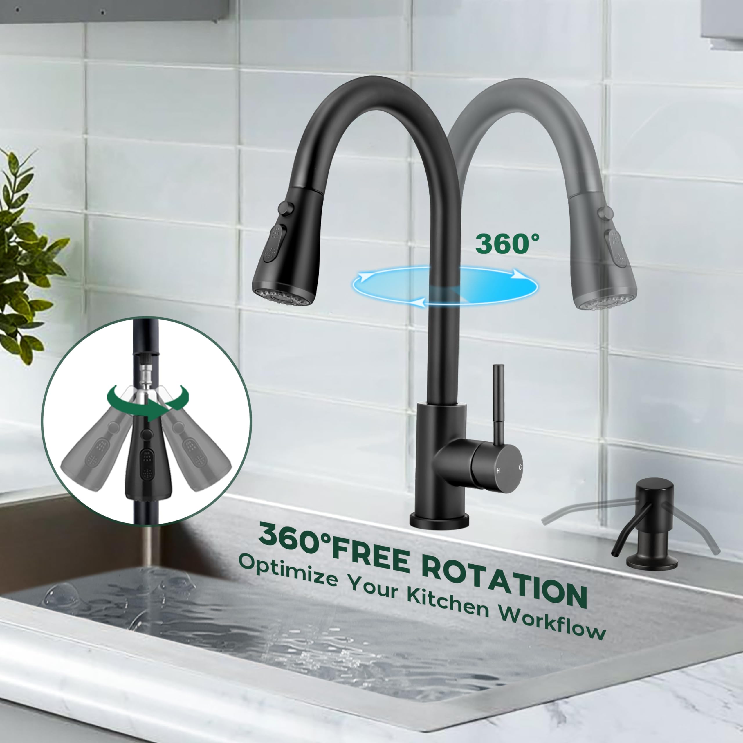 Onader Black Kitchen Faucet With Soap Dispenser Stainless Steel Single Handle Kitchen Sink Faucet With Pull Down Sprayer For Sin