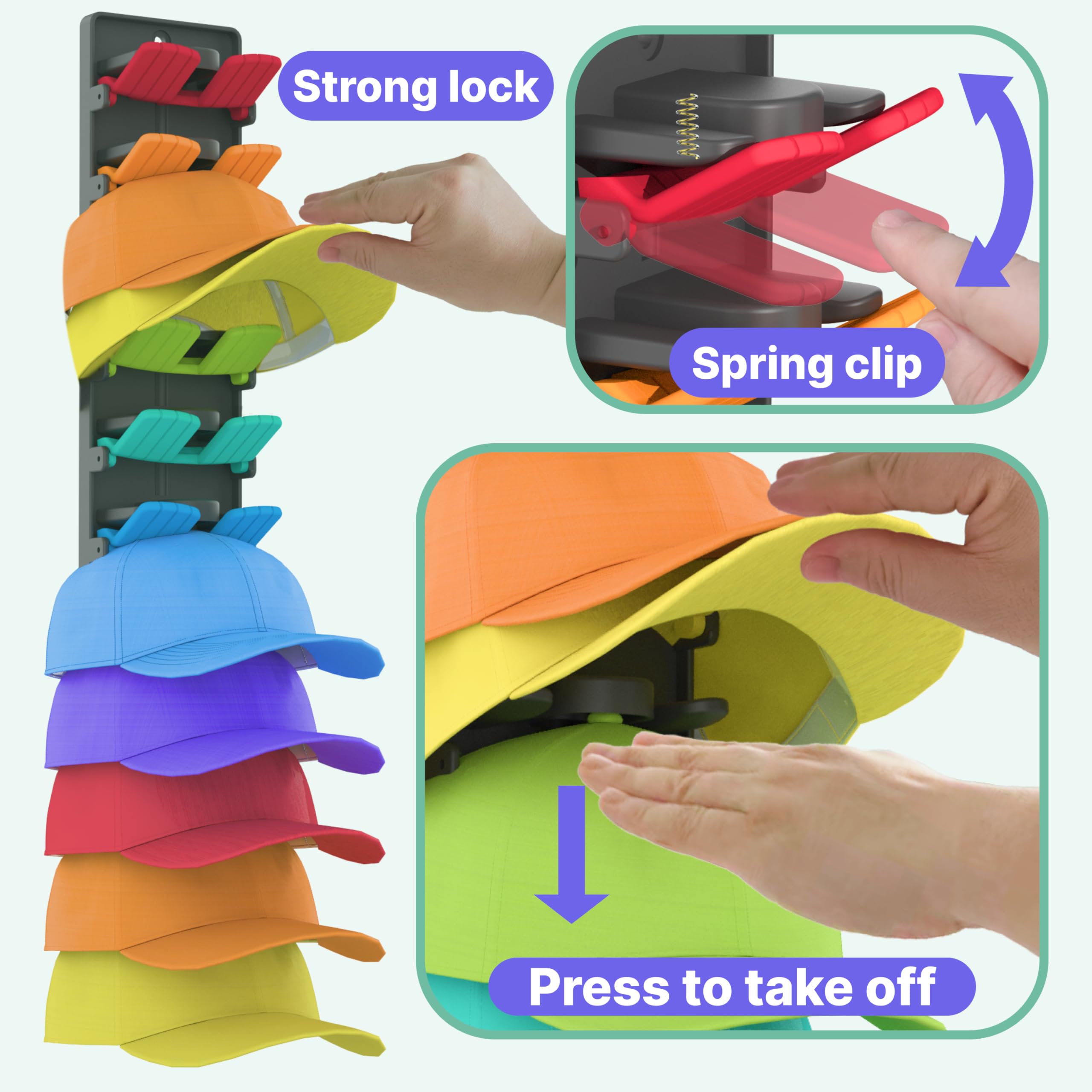 BRUBEQO Hat Organizer for Baseball Caps 2 Packs with Built-in Spring Clips - Wall Mount Closet Hat Rack Holder, Adjustable Stora