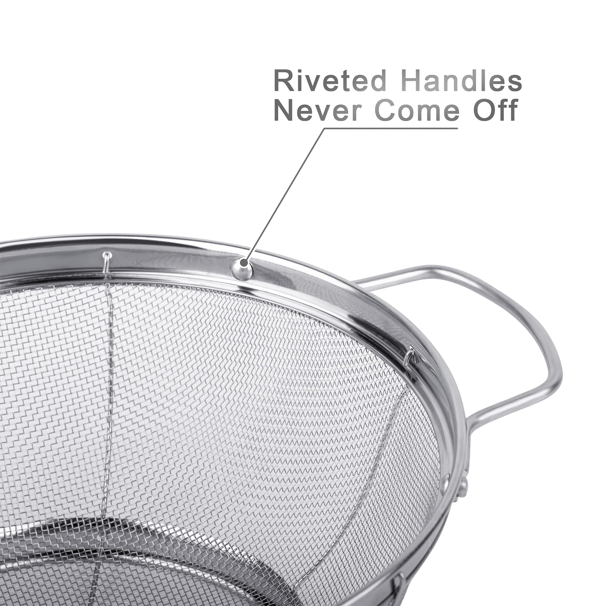 3 Pack 18/8 Stainless Steel Colander Sieves(5-Quart, 4-Quart And 3-Quart), Mesh Strainer Net Baskets With Handles & Resting Base