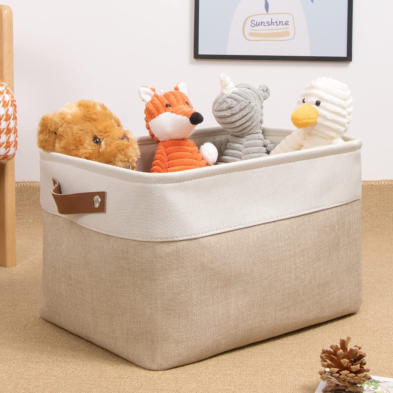 DULLEMELO Fabric Storage Basket for Shelves/Closets  Collapsible Rectangle Basket for Organizing Clothes  Toys  Towels  Books  Laundry  Nursery  Dog Toy Basket Empty (White&Khaki)