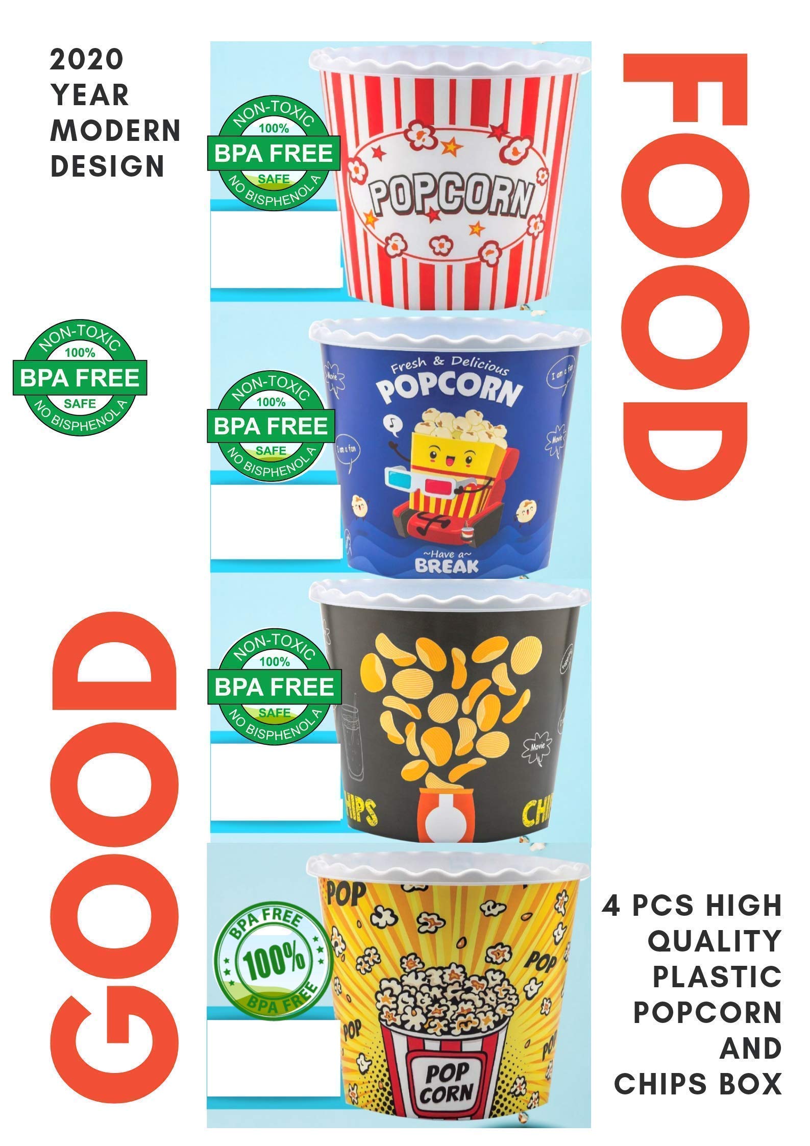 Modern Style Reusable Plastic Popcorn Containers / Popcorn Bowls Set For Movie Theater Night - Washable In The Dishwasher - (Bpa